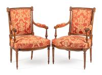 A Pair of Louis XVI Style Walnut Fauteuils Height 38 inches.