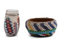 Paiute Beaded Basket and Glass Bottle