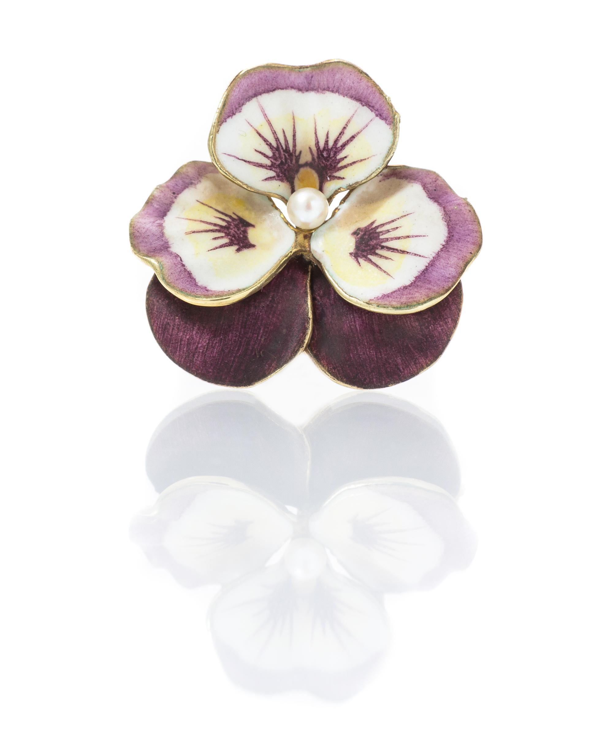A 14 Karat Yellow Gold, Polychrome Enamel and Cultured Pearl Pansy Brooch, 4.50 dwts.