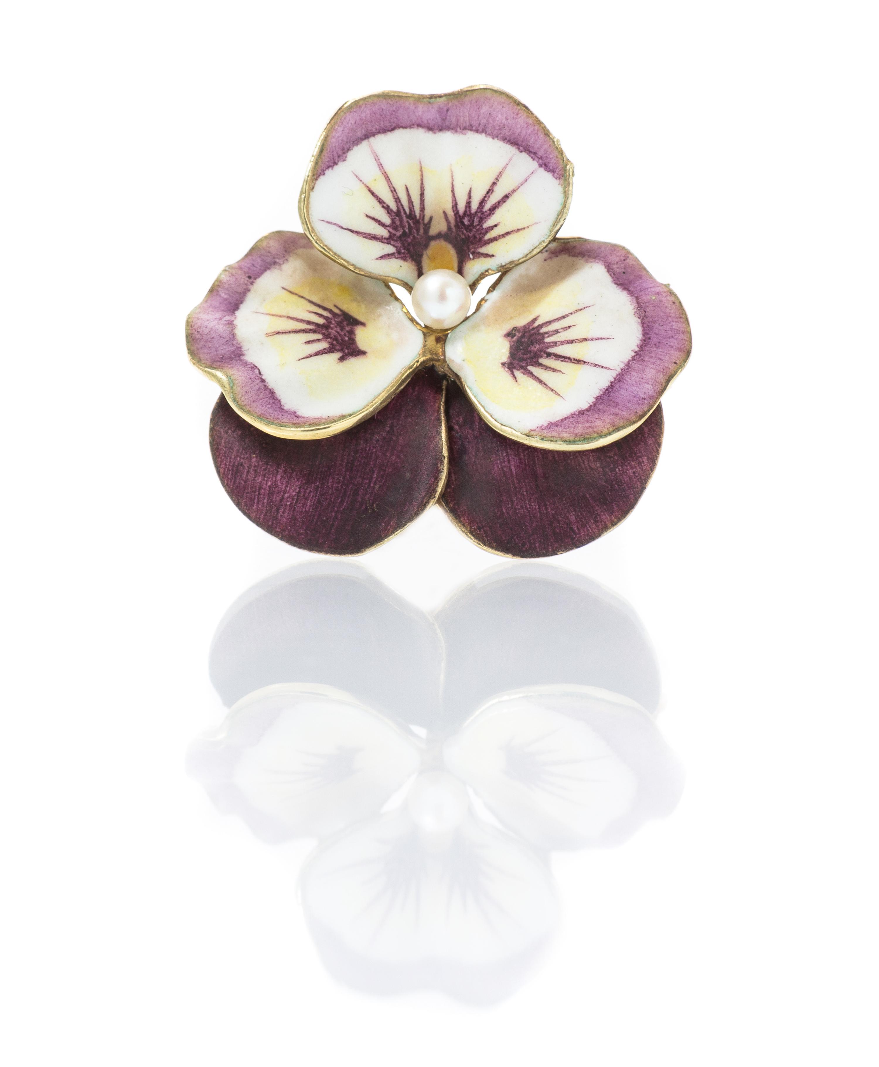 A 14 Karat Yellow Gold, Polychrome Enamel and Cultured Pearl Pansy Brooch, 4.50 dwts.