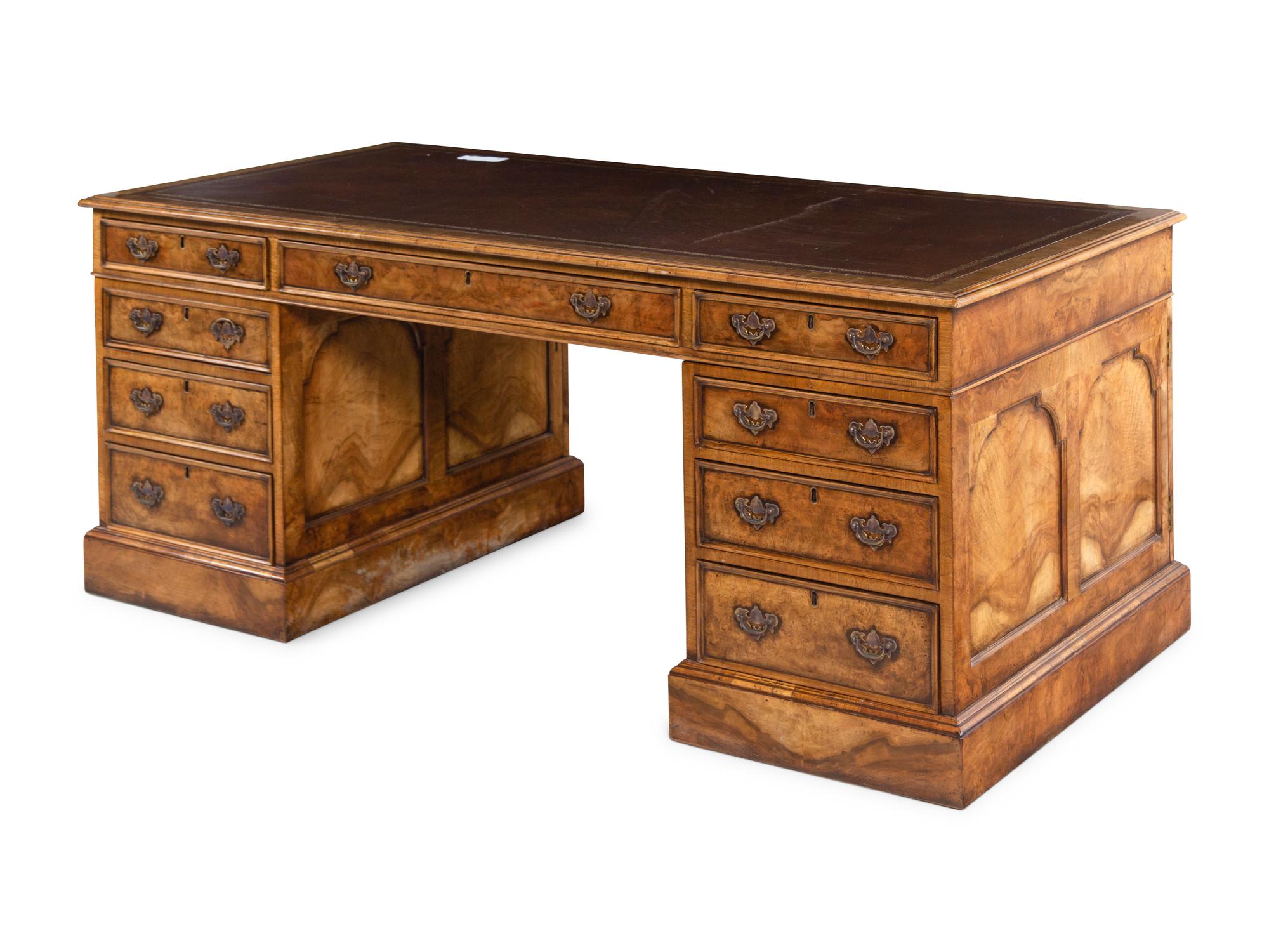 A George III Style Burl Walnut Pedestal Desk