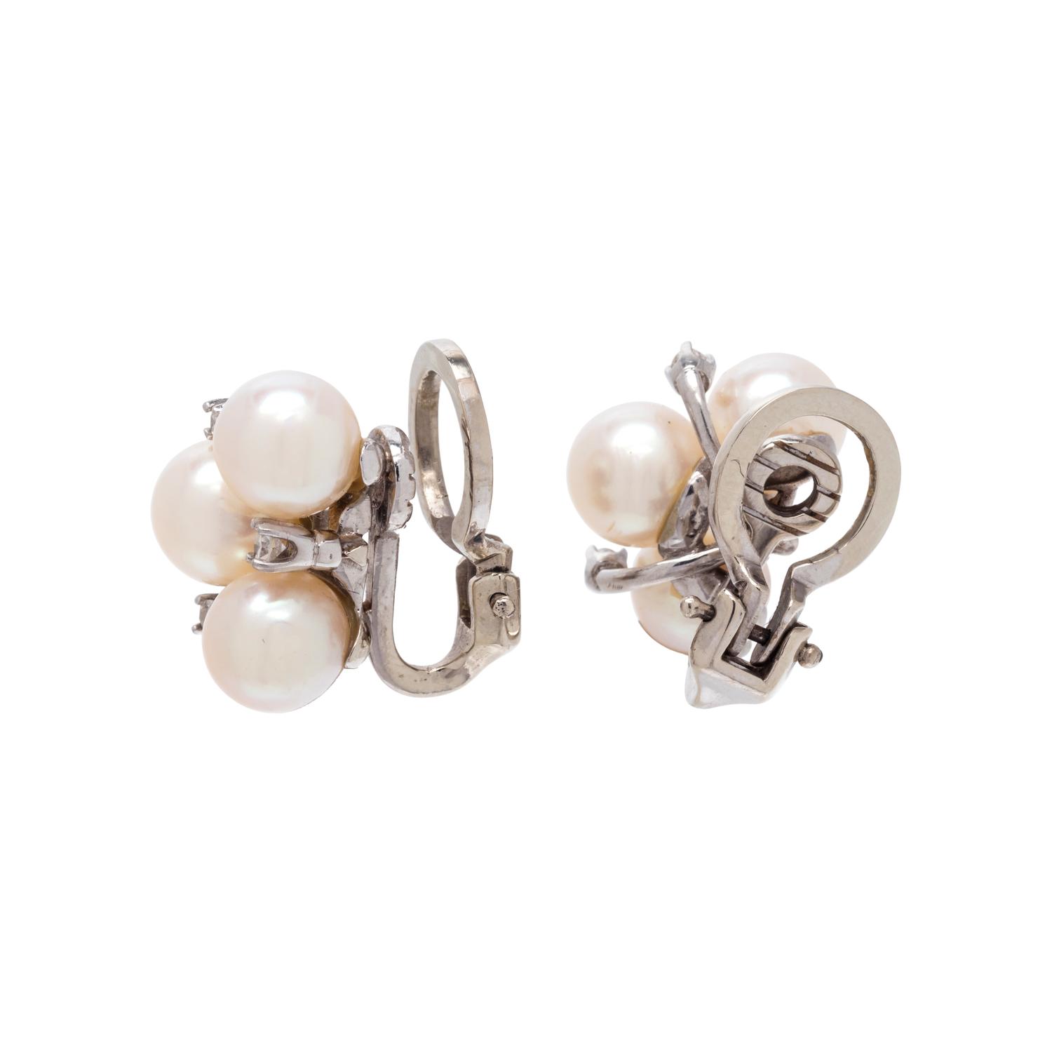 CULTURED PEARL AND DIAMOND EARCLIPS