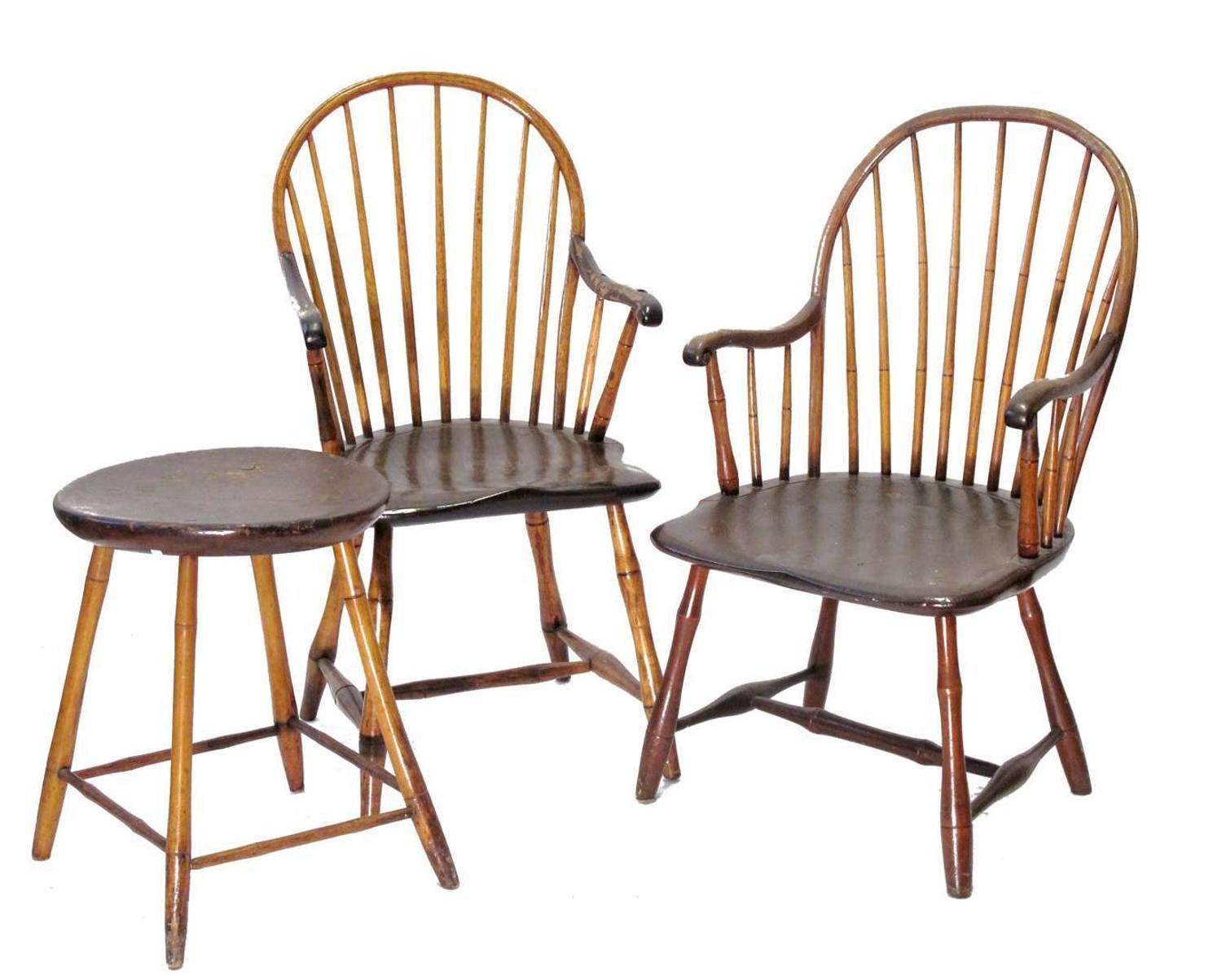 Two sackback Windsor armchairs and a Windsor stand pennsylvania, late 18th/early 19th century