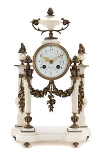 A French Marble and Gilt Bronze Portico Clock, Height 15 1/2 inches.