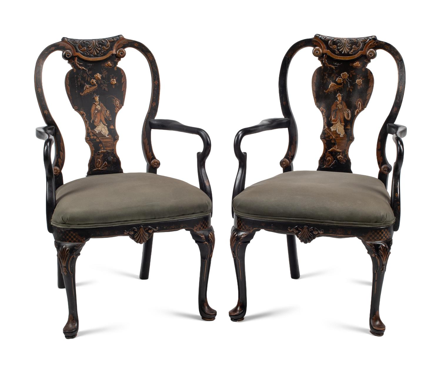 A Pair of Queen Anne Style Black-Japanned Armchairs