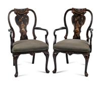 A Pair of Queen Anne Style Black-Japanned Armchairs