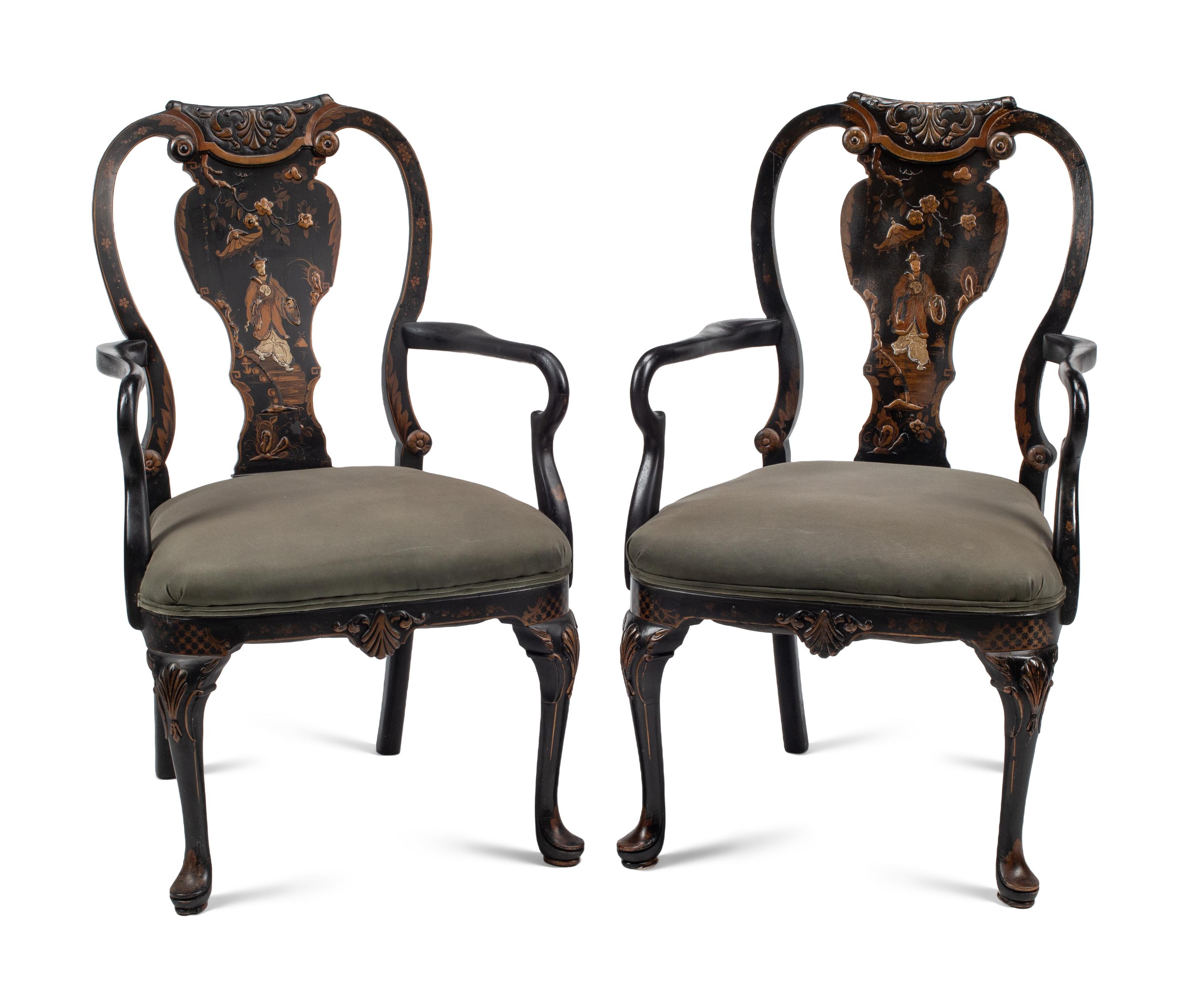 A Pair of Queen Anne Style Black-Japanned Armchairs
