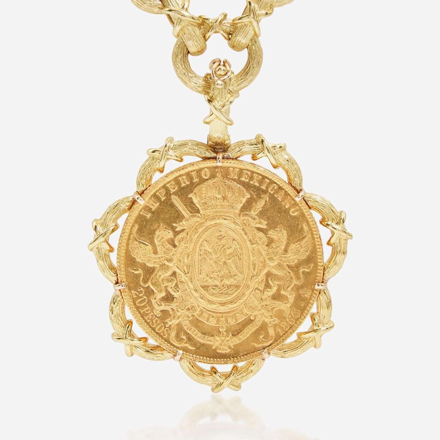 A Maximilian I Mexican Empire Peso Coin necklace and Matching Earrings Signed, Boris