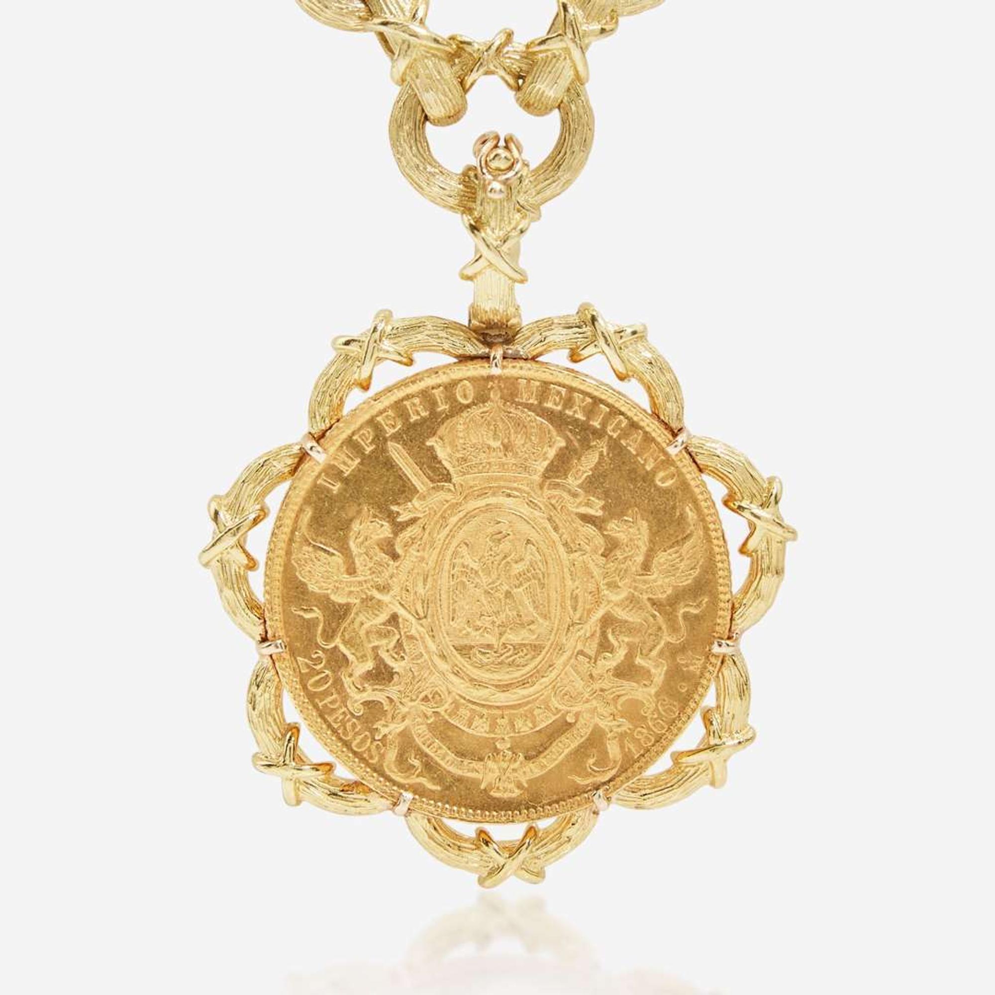 A Maximilian I Mexican Empire Peso Coin necklace and Matching Earrings Signed, Boris