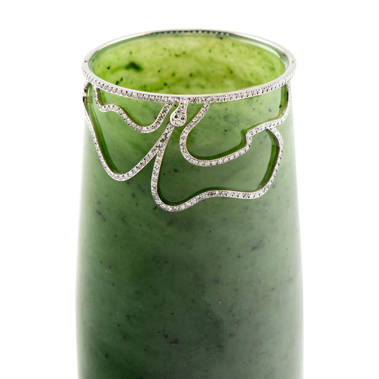 A Nephrite, Platinum and Diamond Mounted Vase