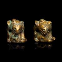 A Pair of Small Chinese Gilt Bronze Bear-Form Supports, Han Dynasty 漢 銅鎏金熊形器足兩件