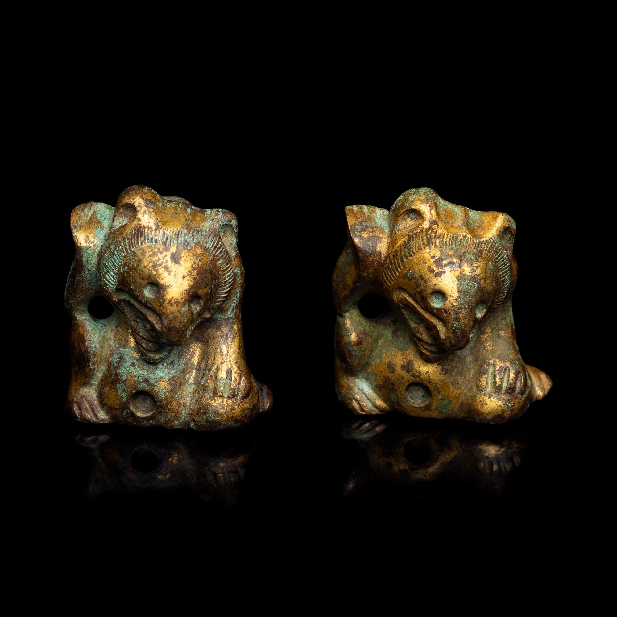 A Pair of Small Chinese Gilt Bronze Bear-Form Supports, Han Dynasty 漢 銅鎏金熊形器足兩件