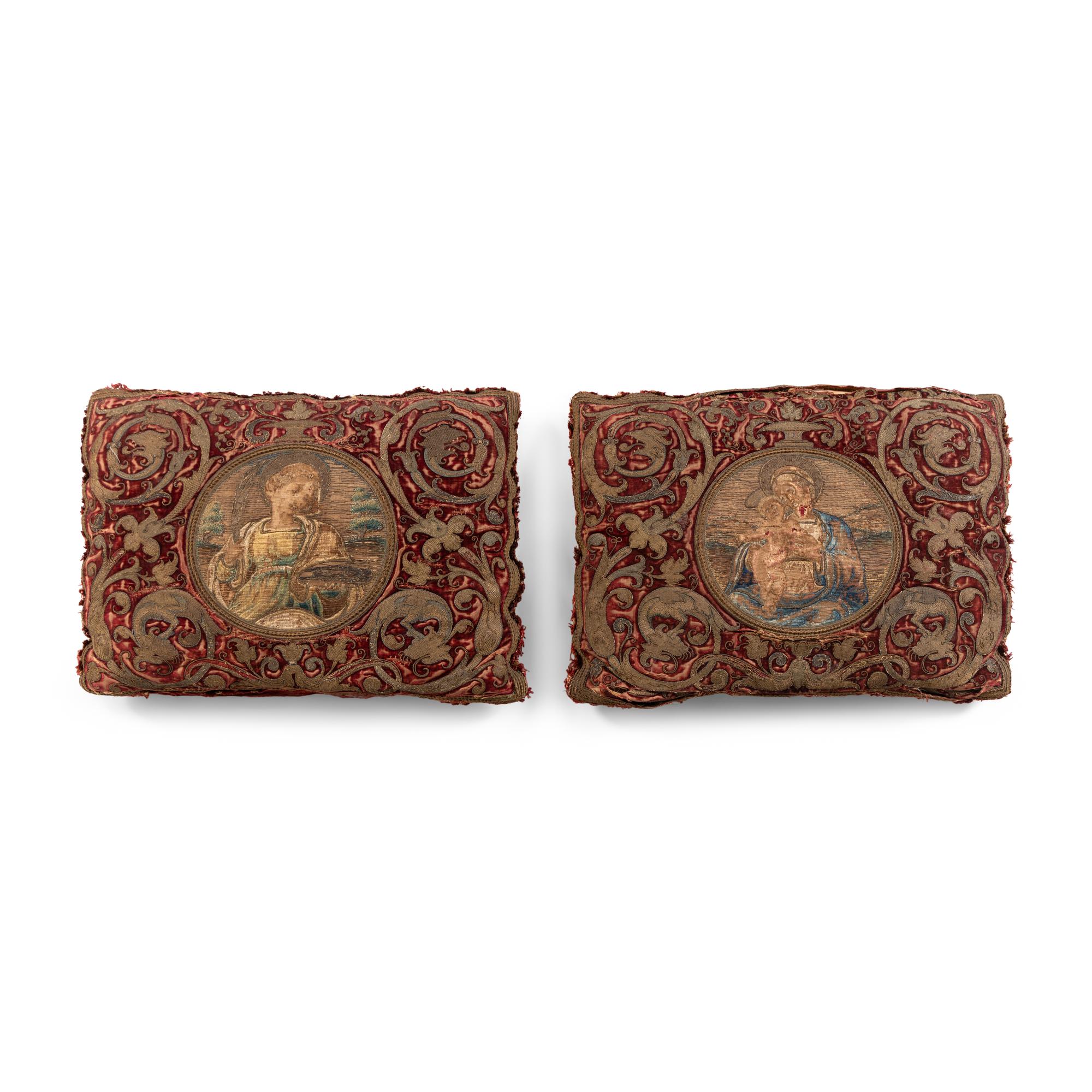 A Pair of Silk Velvet, Gold Filé and Silk Embroidered Panels, Now Mounted as Pillows