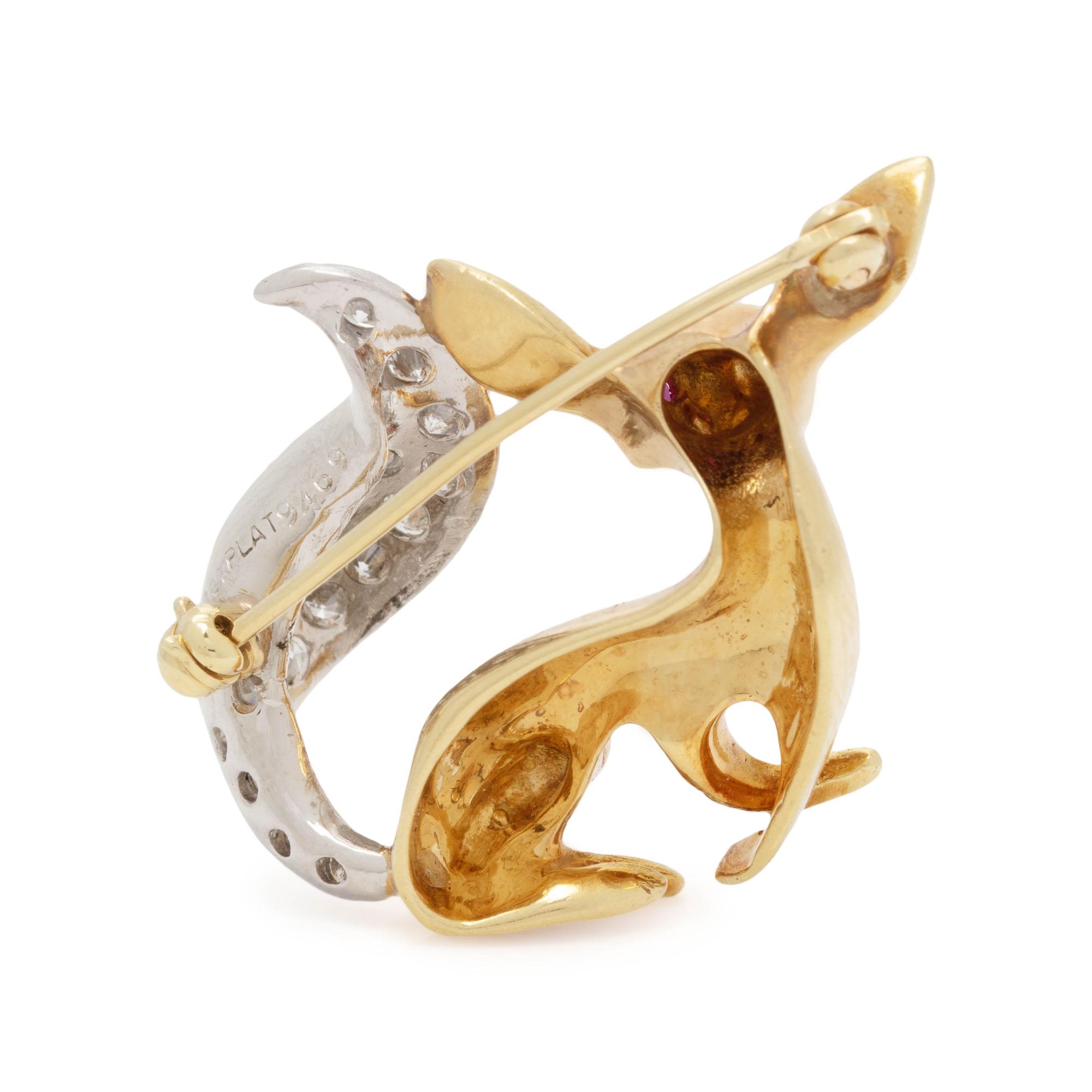 OSCAR HEYMAN & BROTHERS, YELLOW GOLD, PLATINUM AND DIAMOND FOX BROOCH