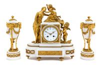 A Louis XVI Style Gilt Bronze Mounted Marble Clock Garniture Height of clock 14 1/2 inches. — 19TH CENTURY