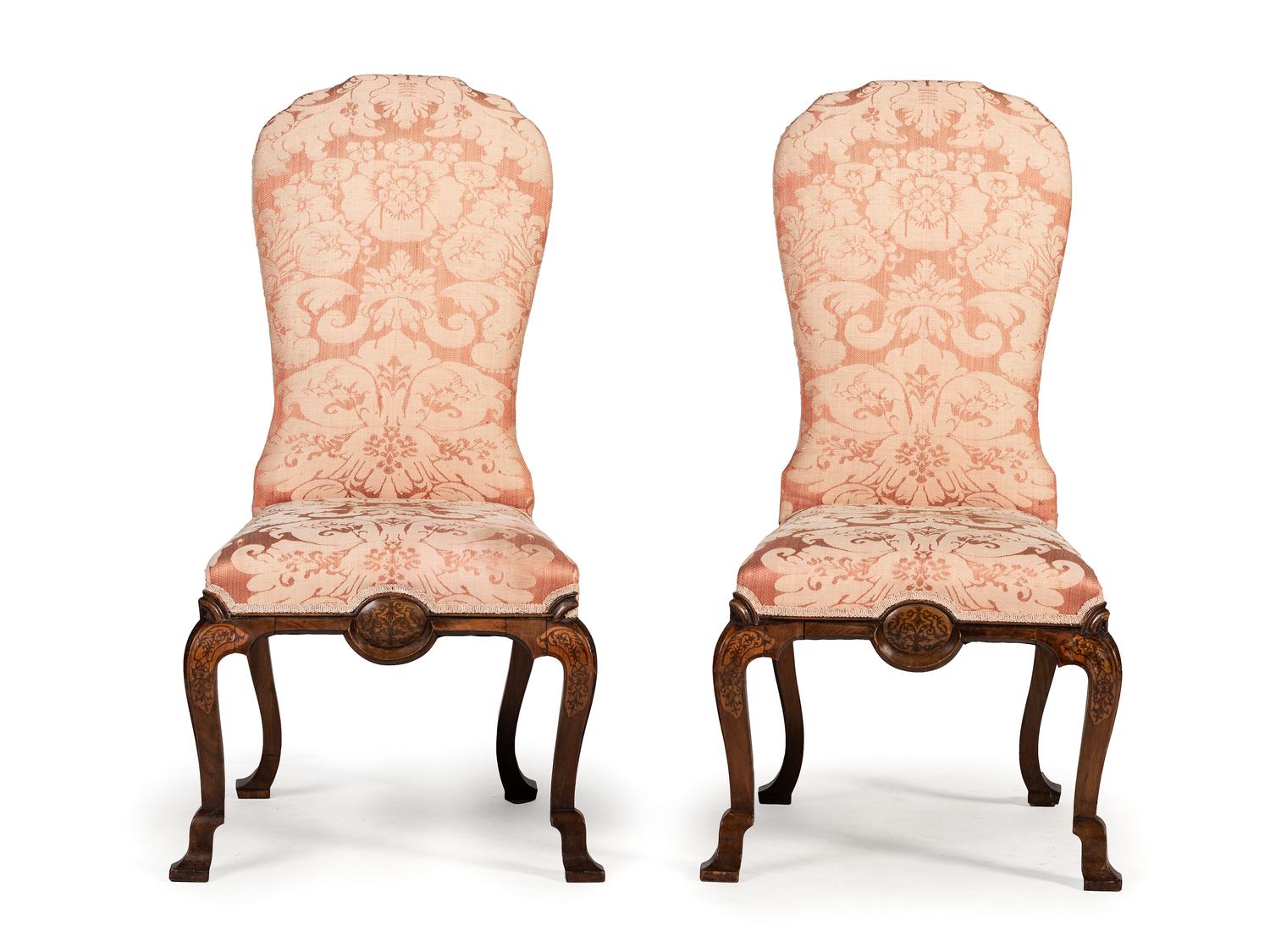 A Pair of William and Mary Style Marquetry Side Chairs