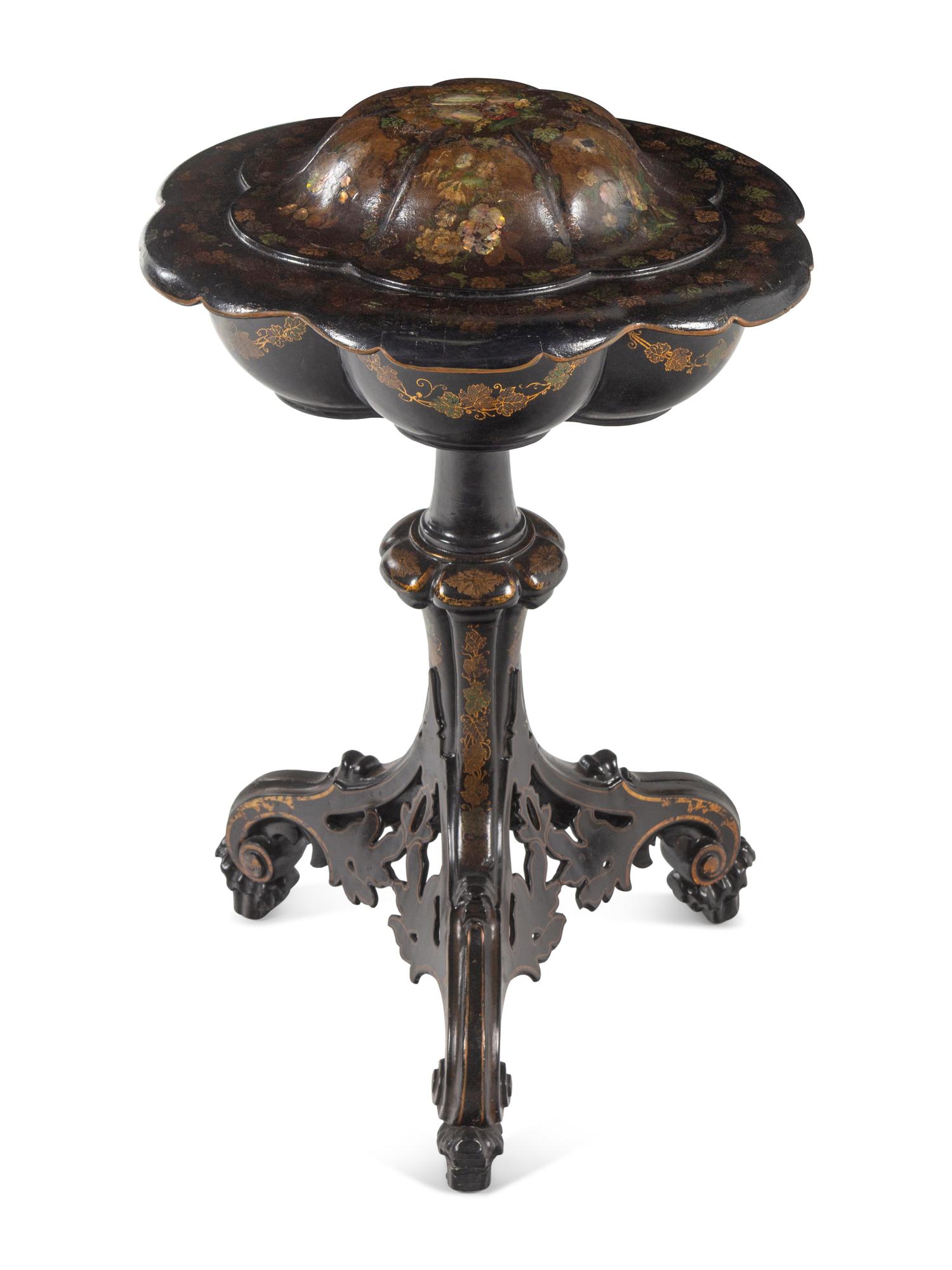 A Victorian Papier-Mâché Lacquered Sewing Table