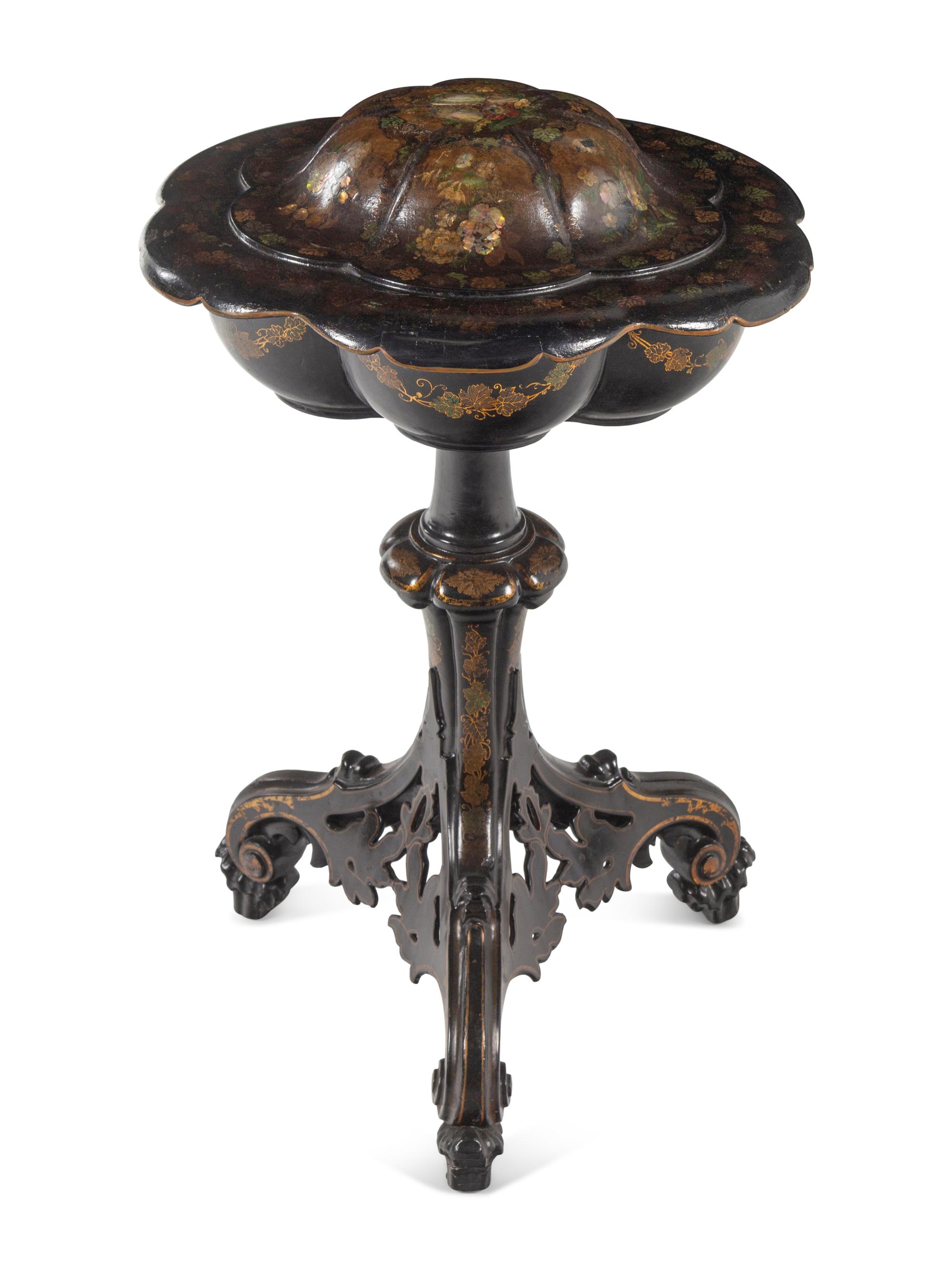 A Victorian Papier-Mâché Lacquered Sewing Table