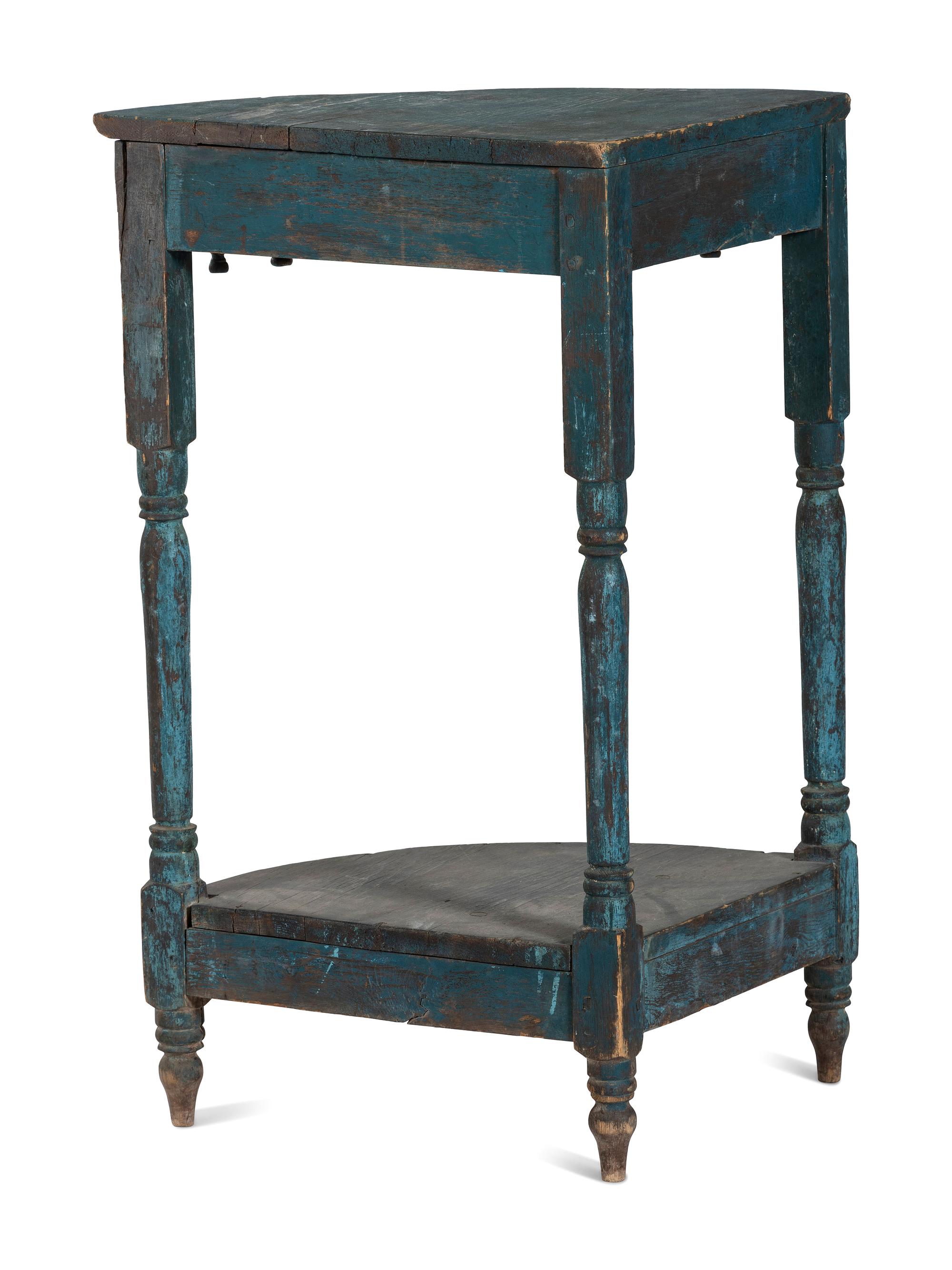 An Early Victorian Blue Painted Pine and Maple Corner Washstand