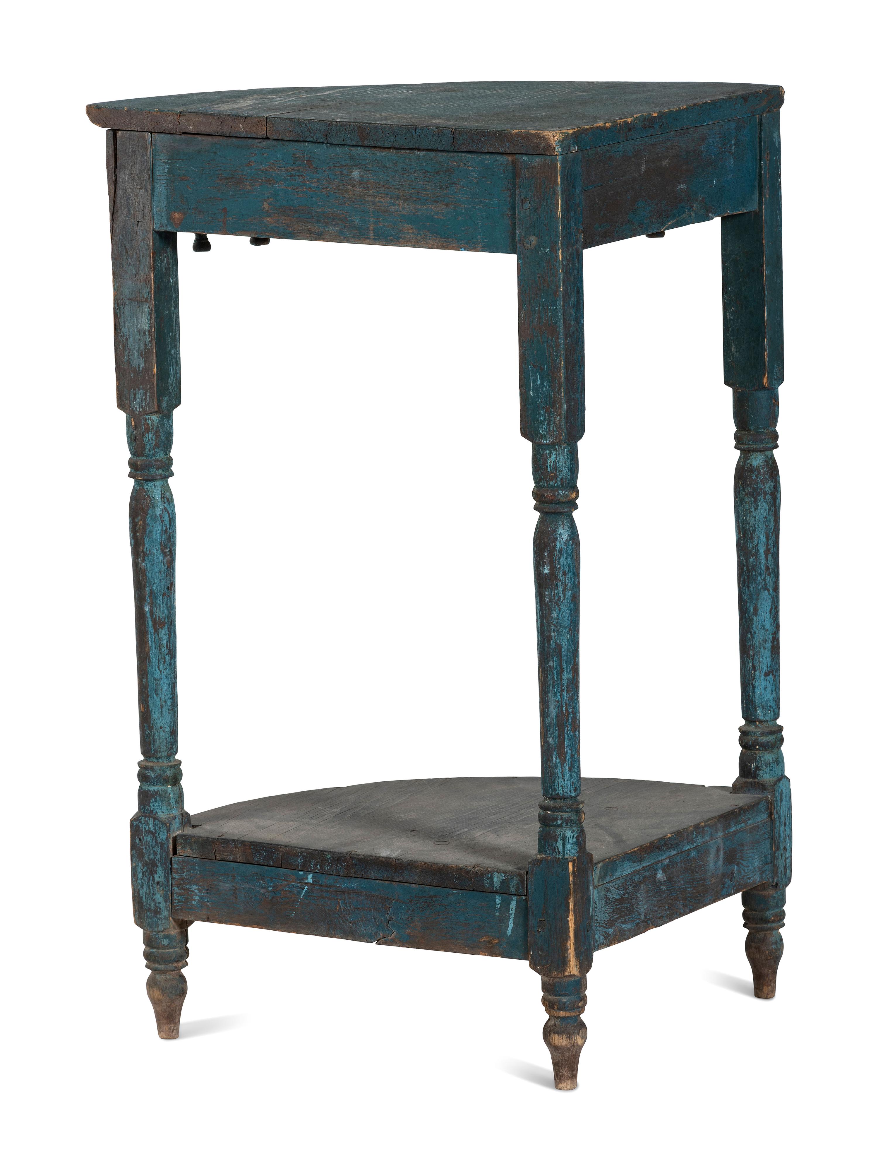 An Early Victorian Blue Painted Pine and Maple Corner Washstand