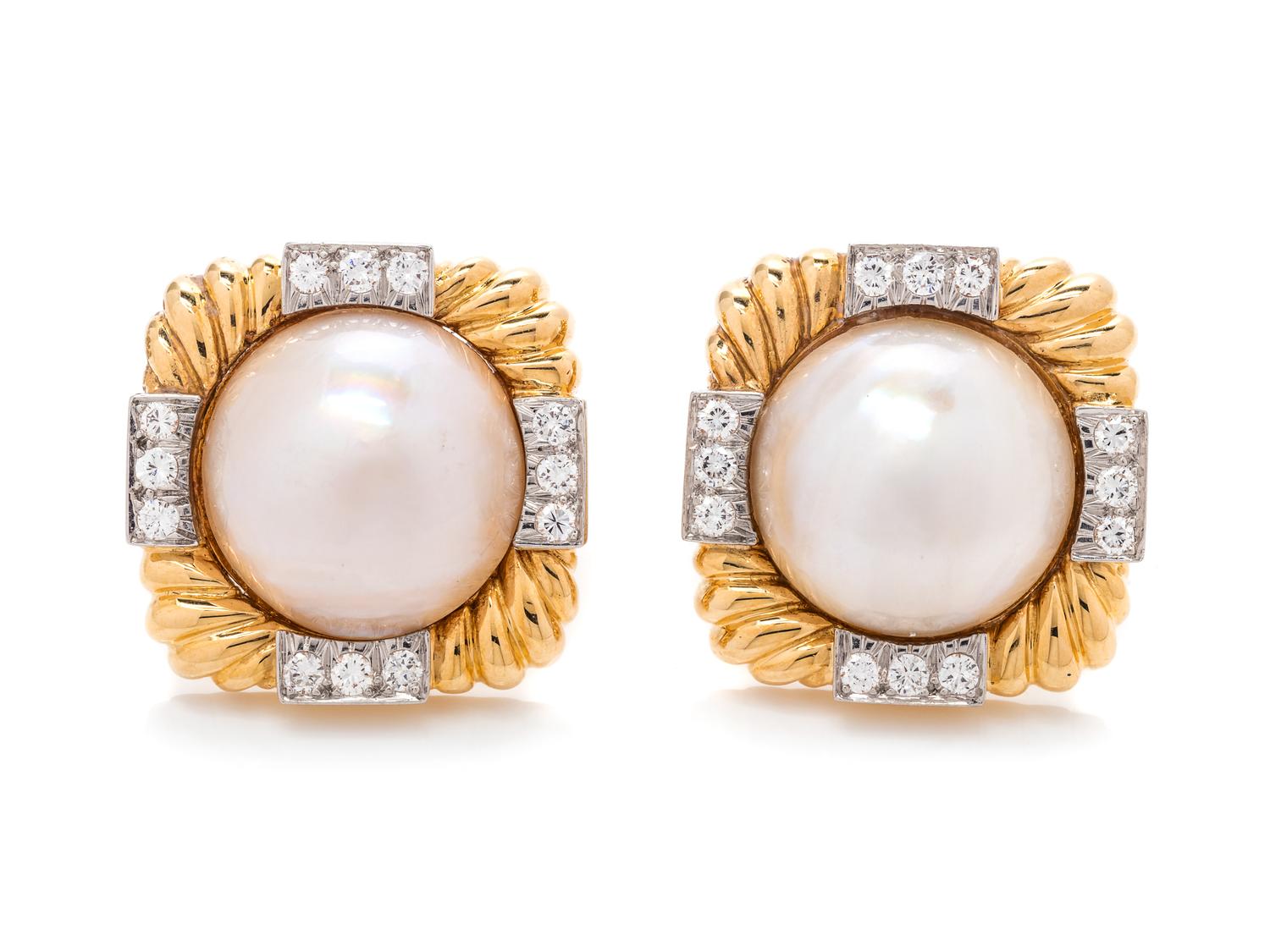 A Pair of 18 Karat Yellow Gold, Platinum, Cultured Mabe Pearl and Diamond Earclips, David Webb,