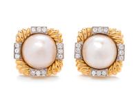 A Pair of 18 Karat Yellow Gold, Platinum, Cultured Mabe Pearl and Diamond Earclips, David Webb,