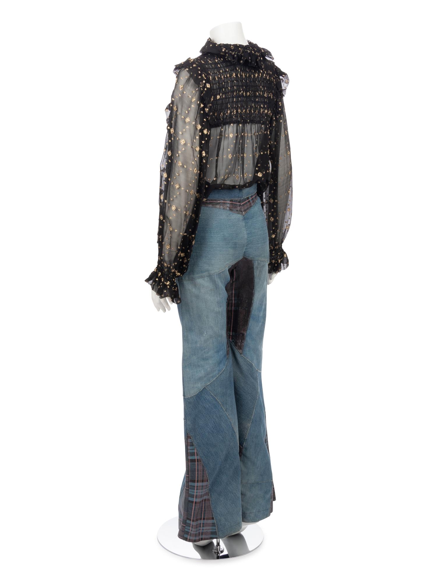 One Saint Laurent Rive Gauche Black Crepe Top and One Pair of Unlabeled Bell Bottom Denim Jeans, 1970s