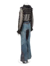 One Saint Laurent Rive Gauche Black Crepe Top and One Pair of Unlabeled Bell Bottom Denim Jeans, 1970s