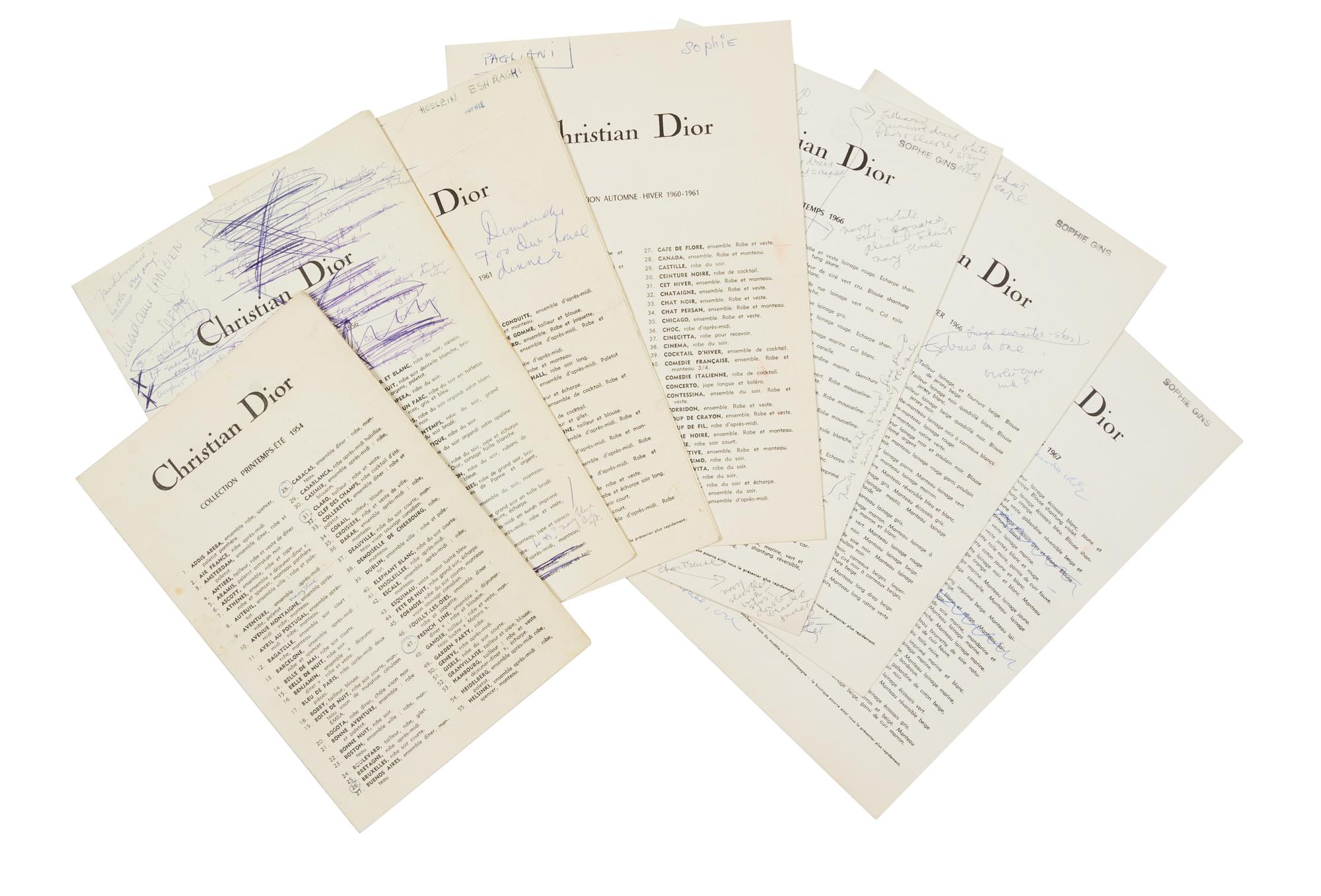 Two Photographic Prints of Olivia de Havilland and Christian Dior and seven Dior fashion show programs with hand-written comments by de Havilland. — From the collection of Olivia de Havilland