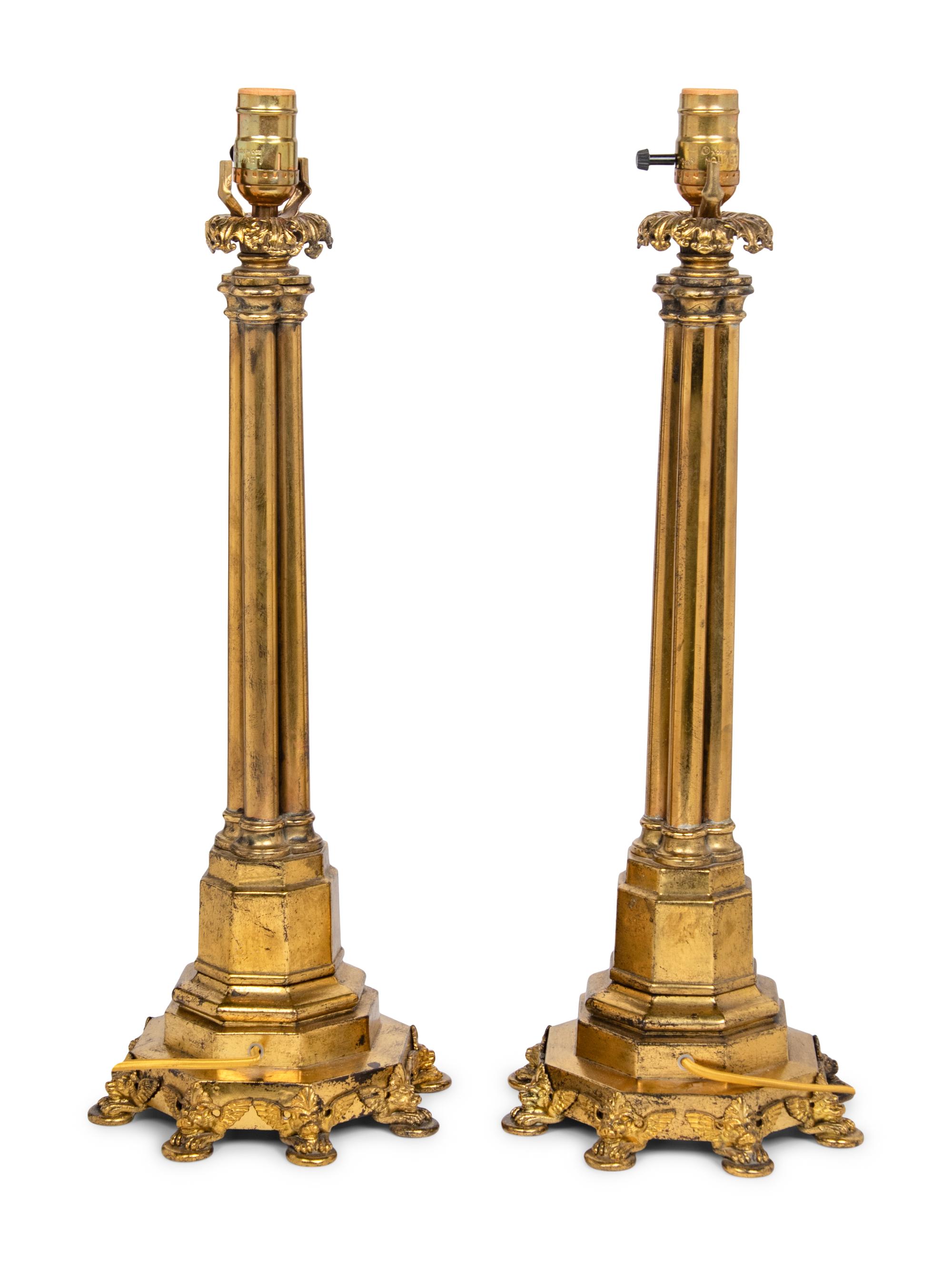 A Pair of Gothic Revival Gilt Metal Table Lamps