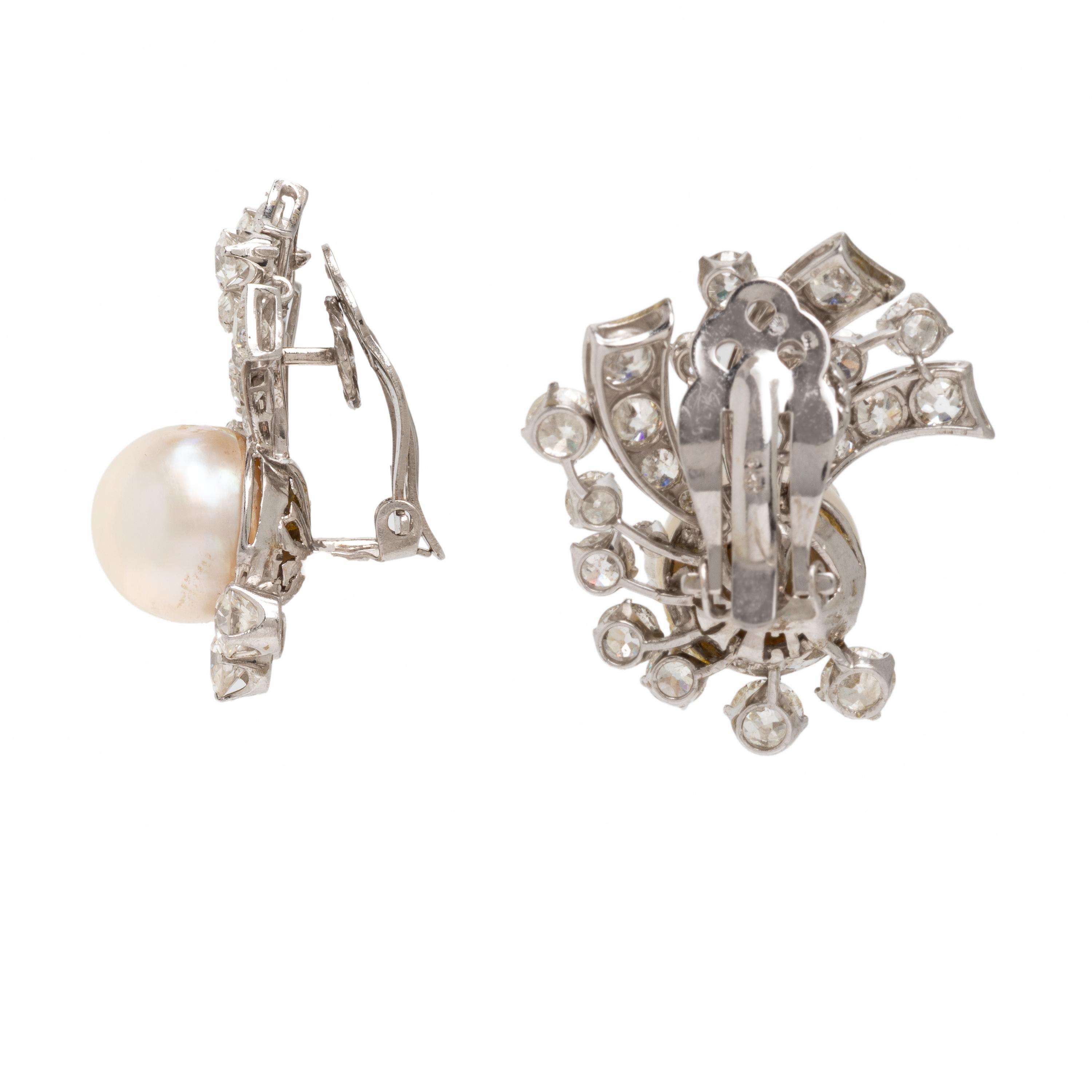 Cultured Pearl, Diamond, and Platinum Earrings