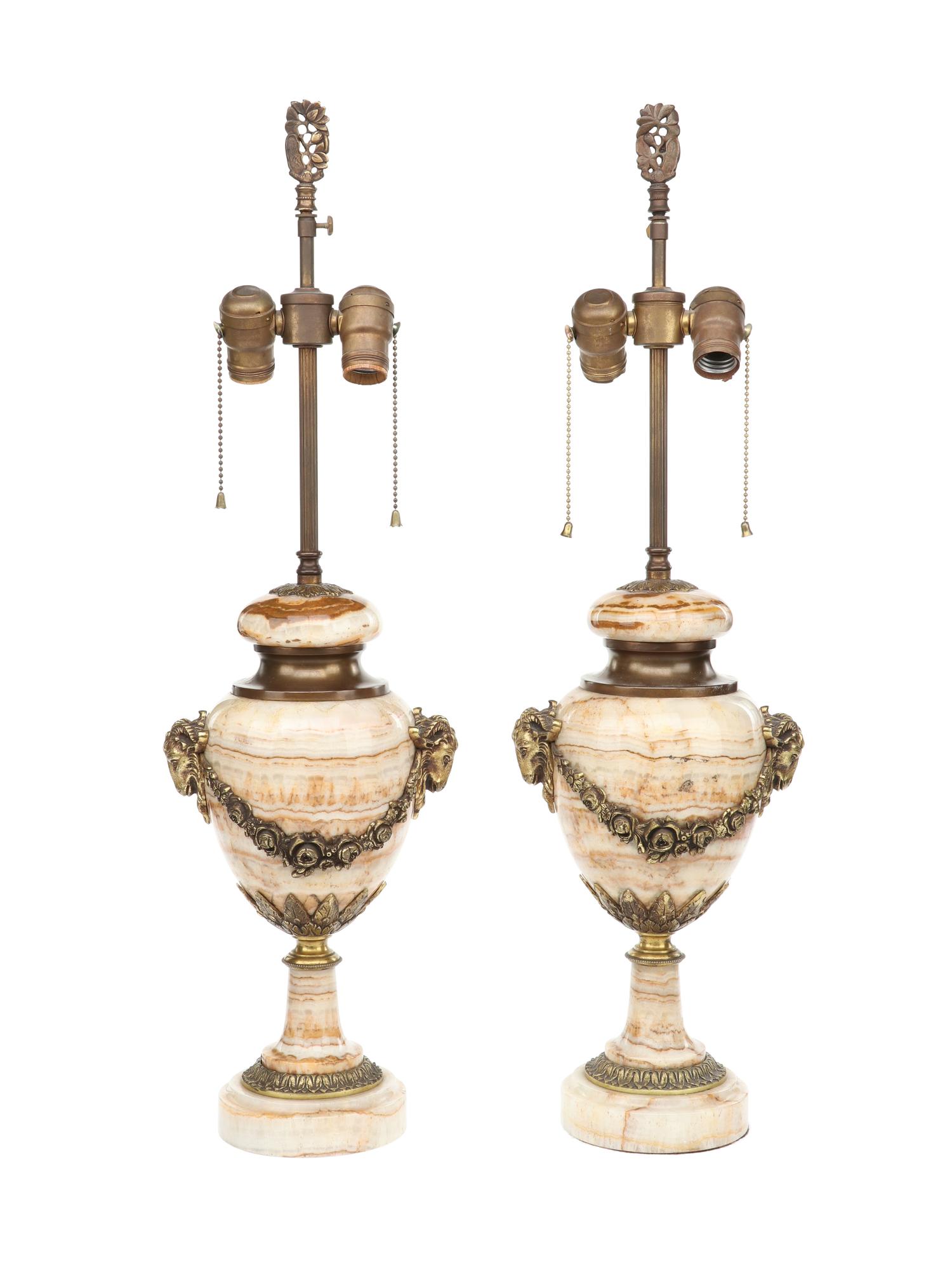 A Pair of Continental Gilt Bronze Mounted Onyx Urns