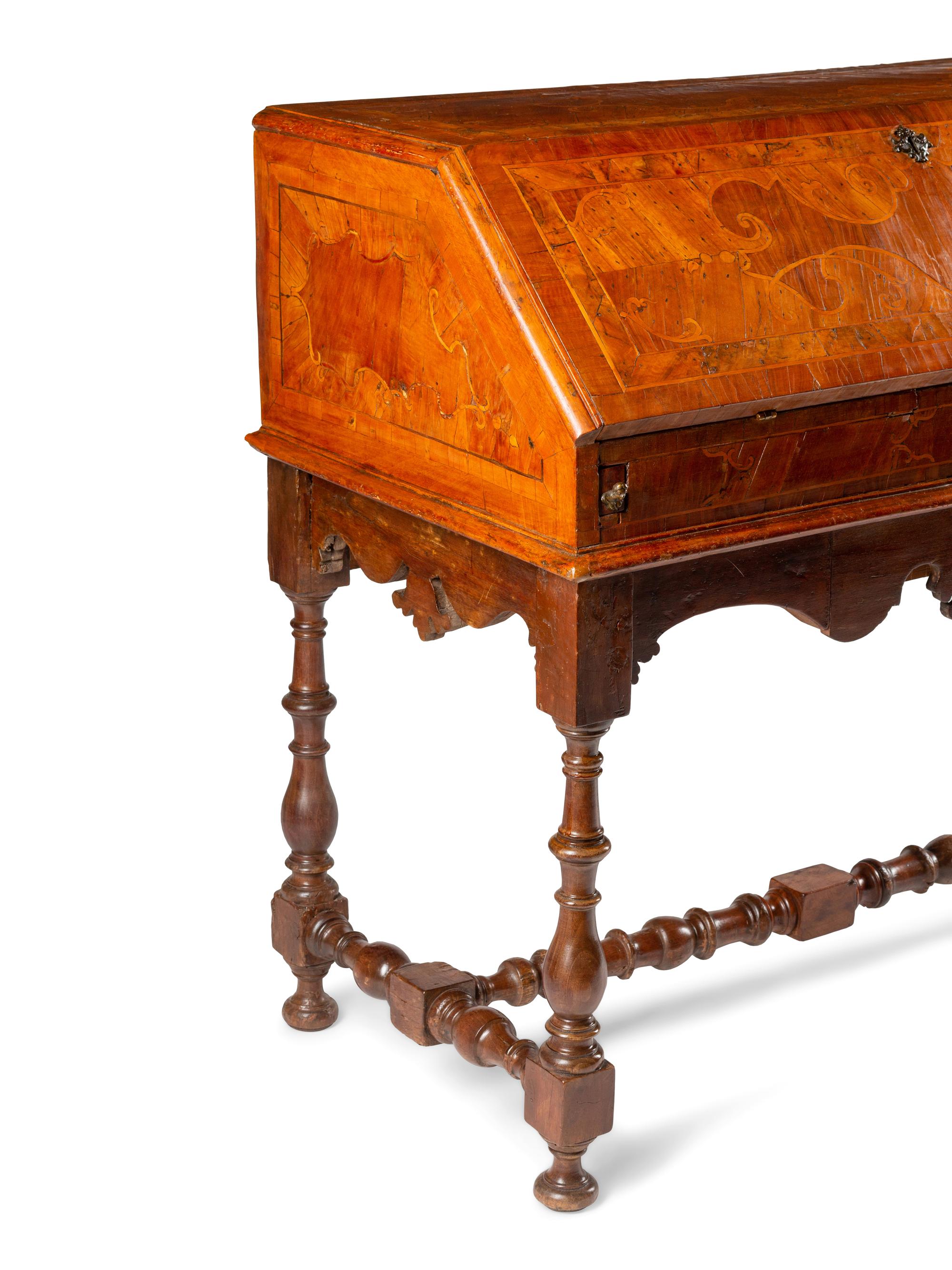 A German or Austrian Walnut and Marquetry Slant-Front Bureau