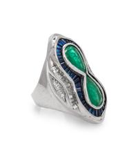 EMERALD, SAPPHIRE AND DIAMOND RING