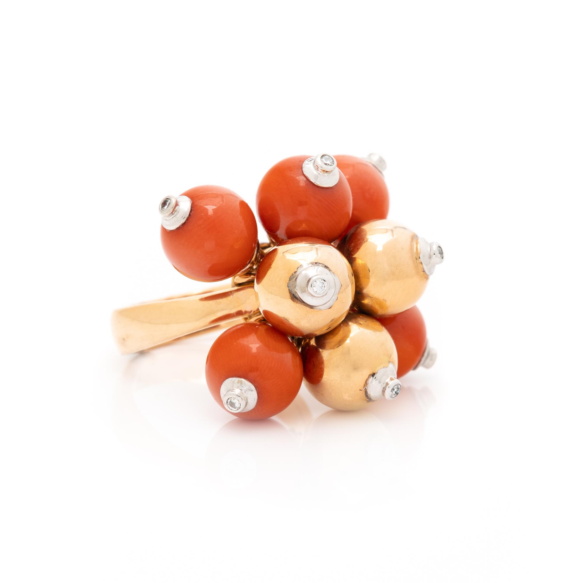 BICOLOR GOLD, CORAL, AND DIAMOND BAUBLE RING