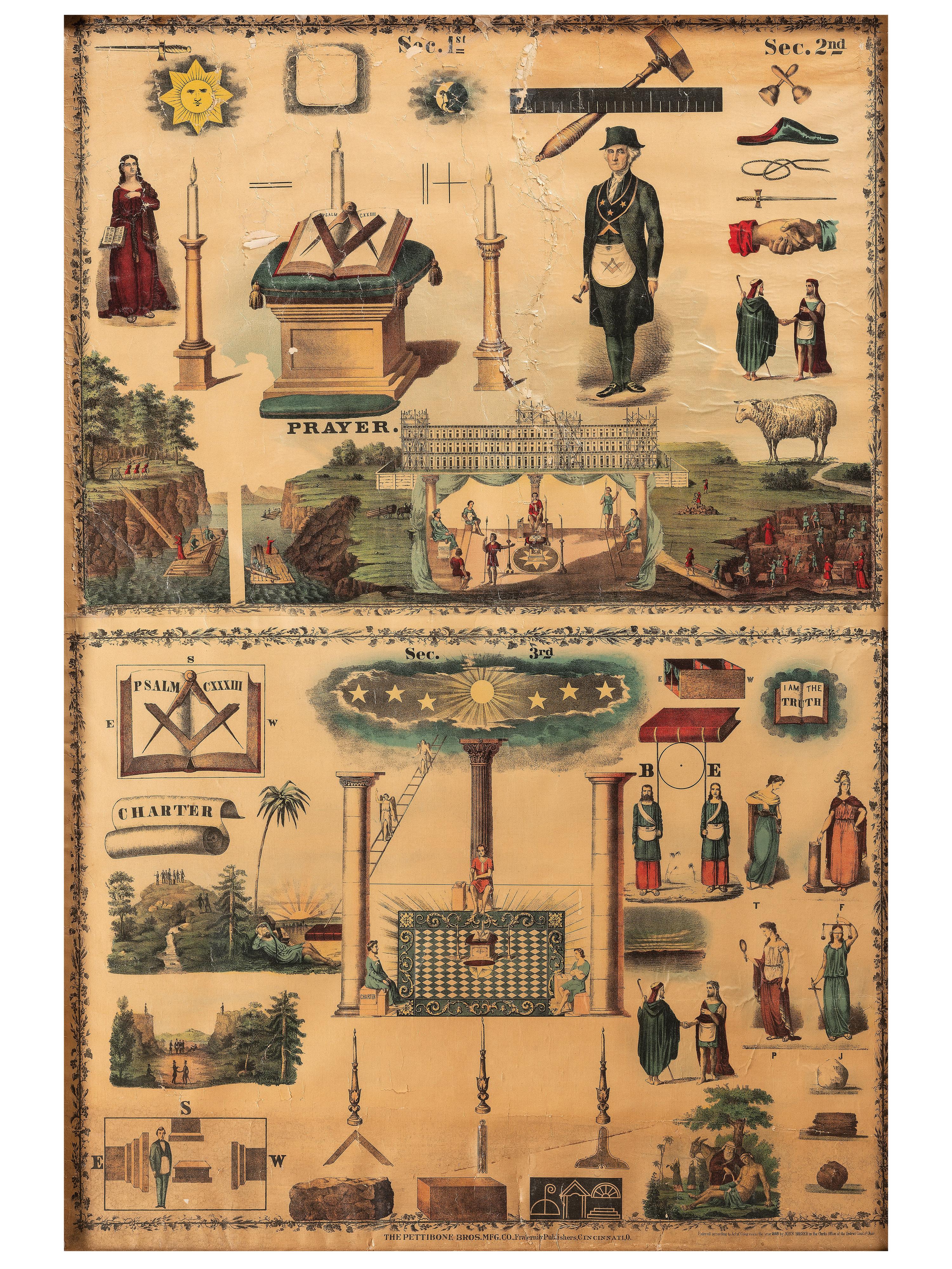 [FRATERNAL ORGANIZATIONS]. A group of Masonic items incl. 3 large framed prints, sashes, and 3 linked signs.