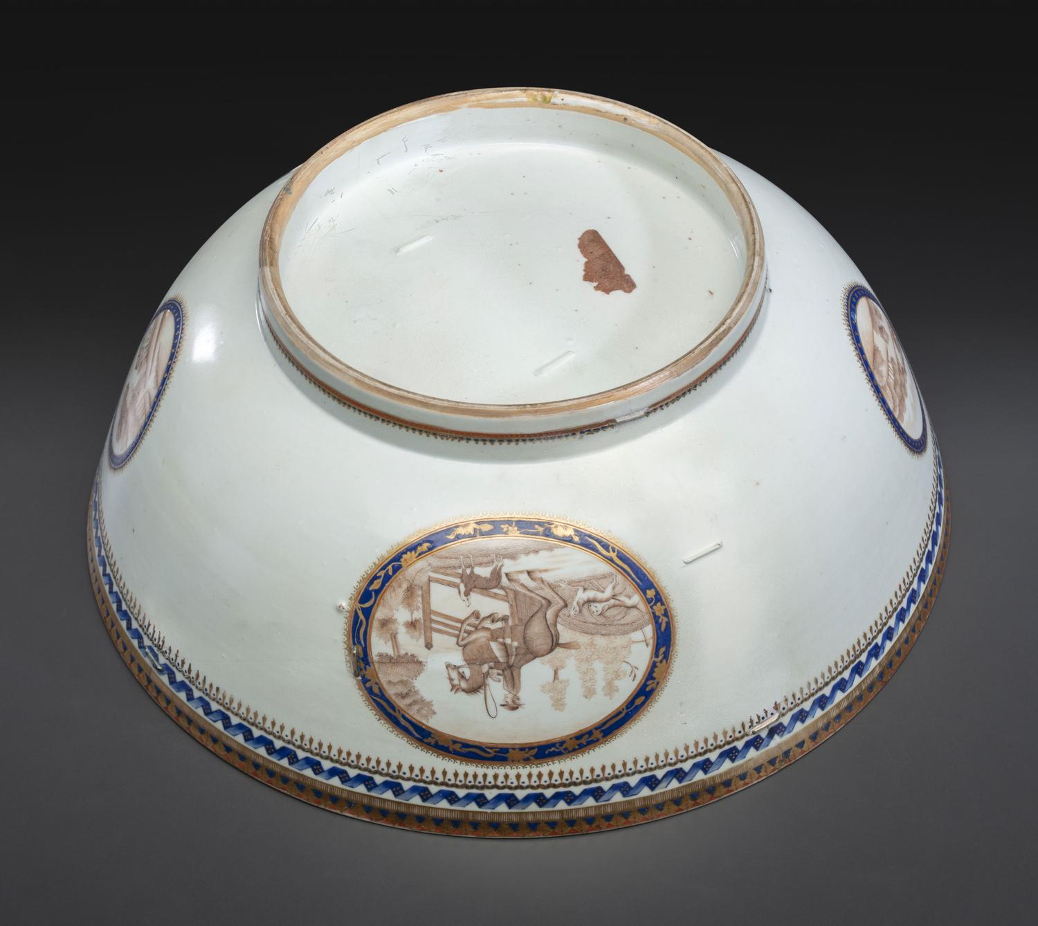 A Chinese Export Parcel Gilt and Grisaille Decorated Porcelain Punch Bowl