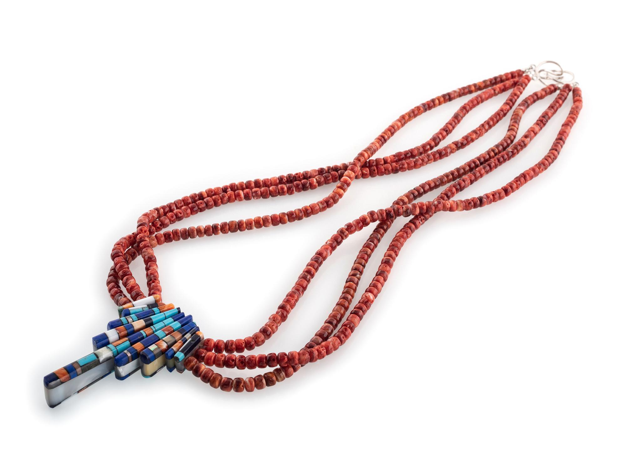 Multi-Strand Spiny Oyster Necklace, with Mosaic Inlay Pendant