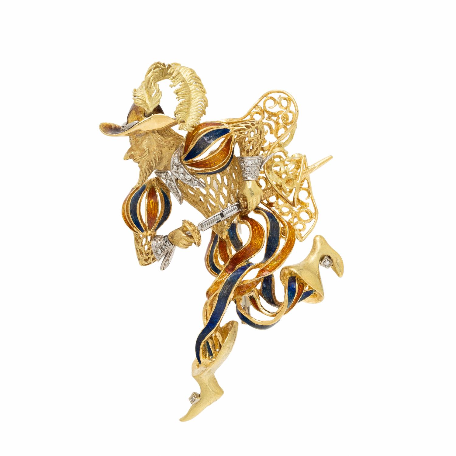 BICOLOR GOLD, DIAMOND, AND ENAMEL FIGURAL BROOCH