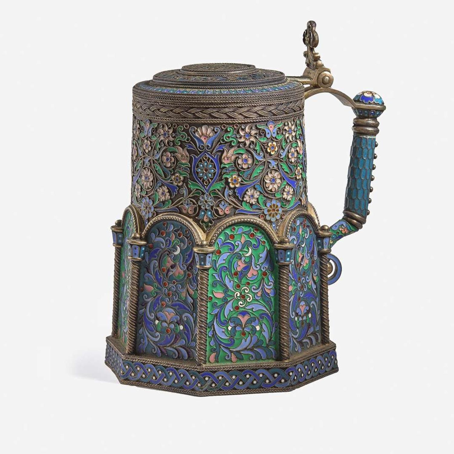 A Russian Silver-Gilt Plique-à-Jour and Cloisonné Imperial Presentation Tankard Pavel Ovchinnikov, Moscow, 1892