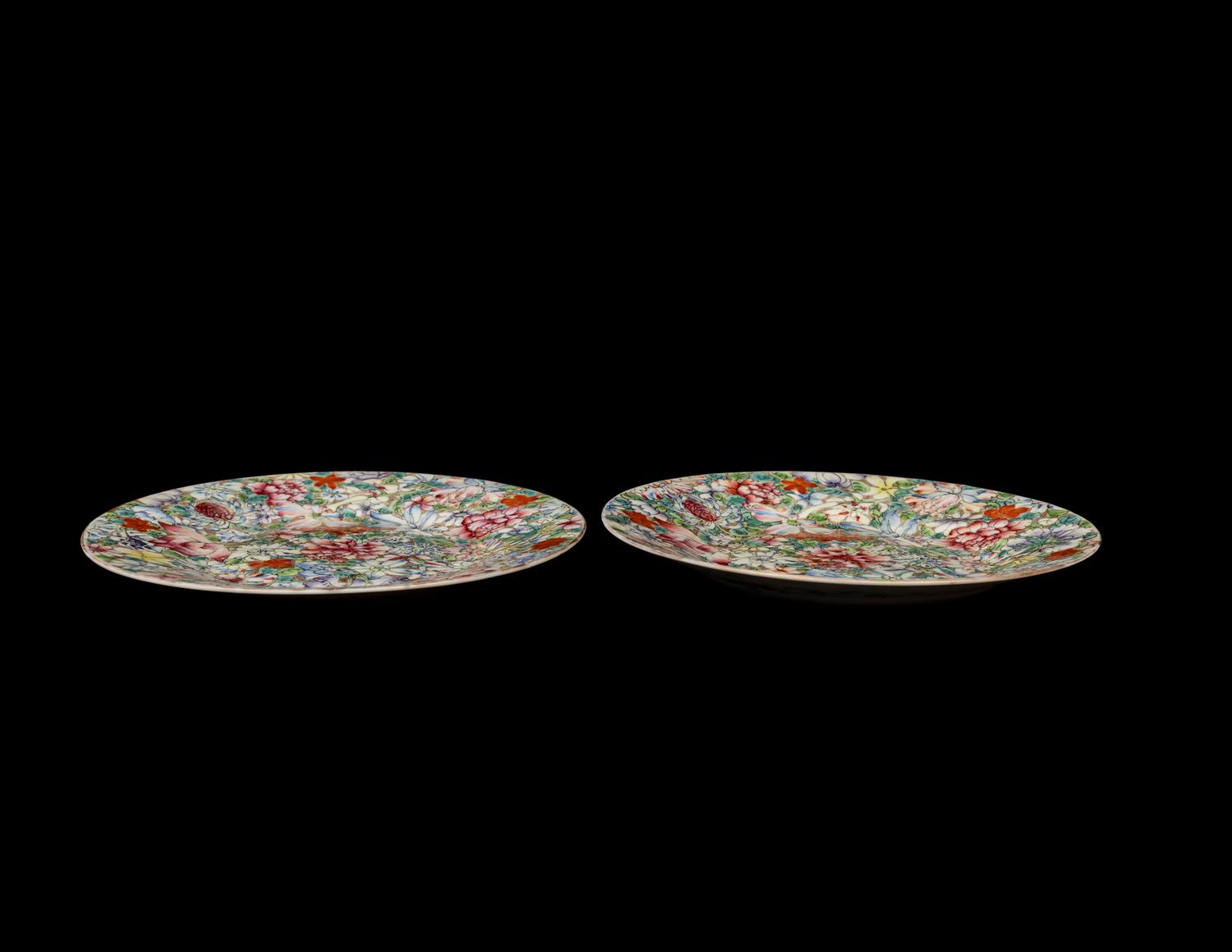 A Pair of Chinese Famille Rose 'Millefleur' Porcelain Plates
