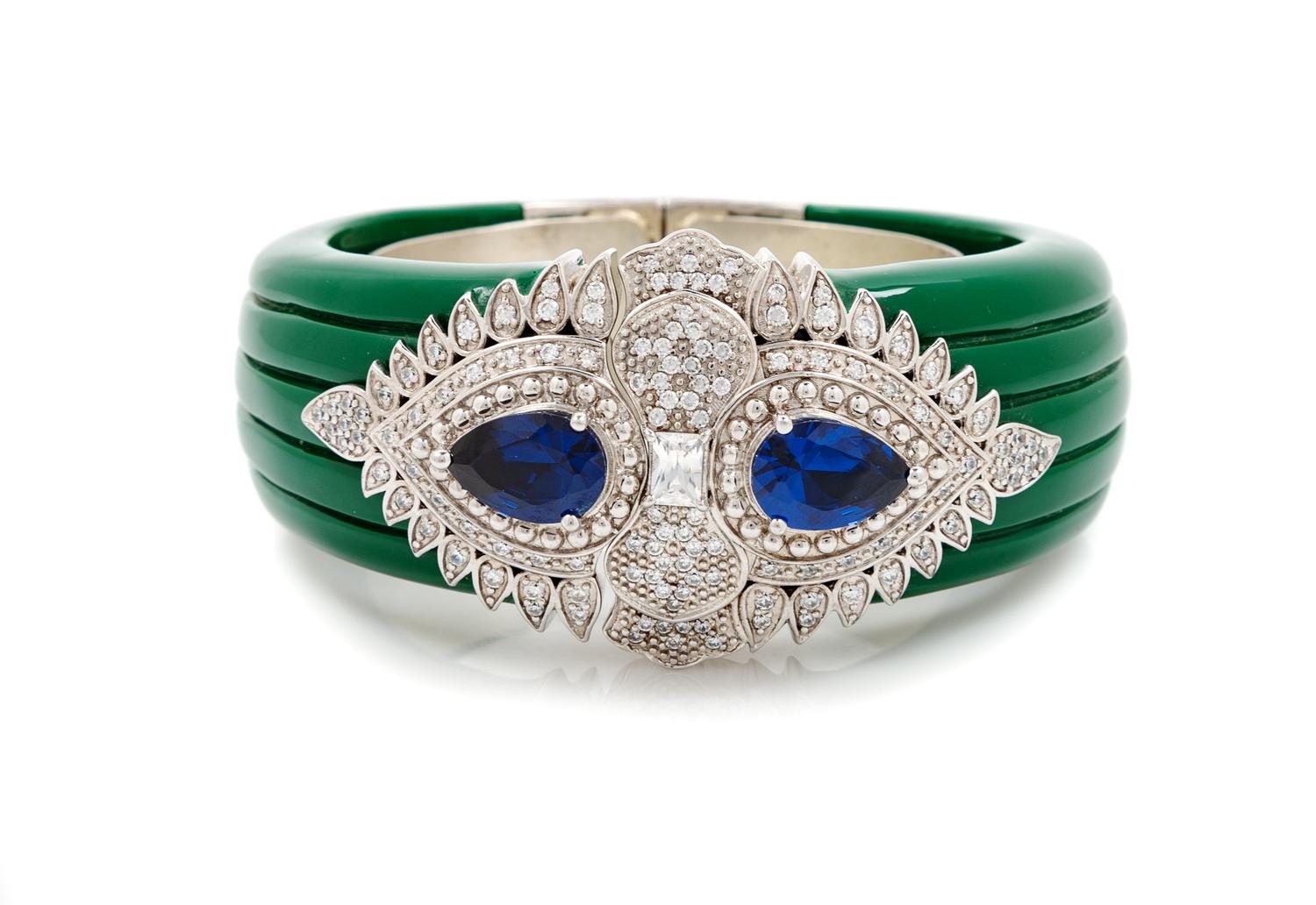 A Miriam Salat Green Maharaja Hinge Cuff, Cuff size: 7"- 5.75"; 1"- 1.5" W.