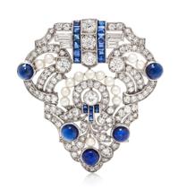 An Art Deco Platinum, Diamond, Seed Pearl and Sapphire Brooch, 12.75 dwts.