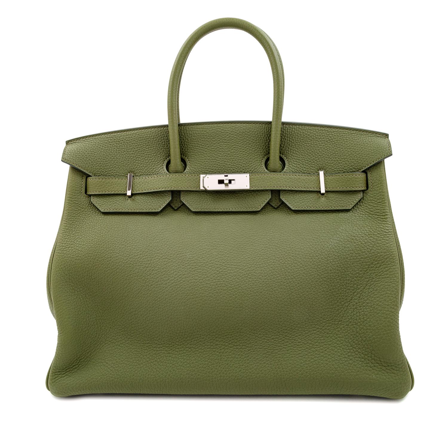 An Hermès Olive Green Togo 35cm Birkin, 11" H x 14" W x 7.5" D; Handle drop: 4.25".