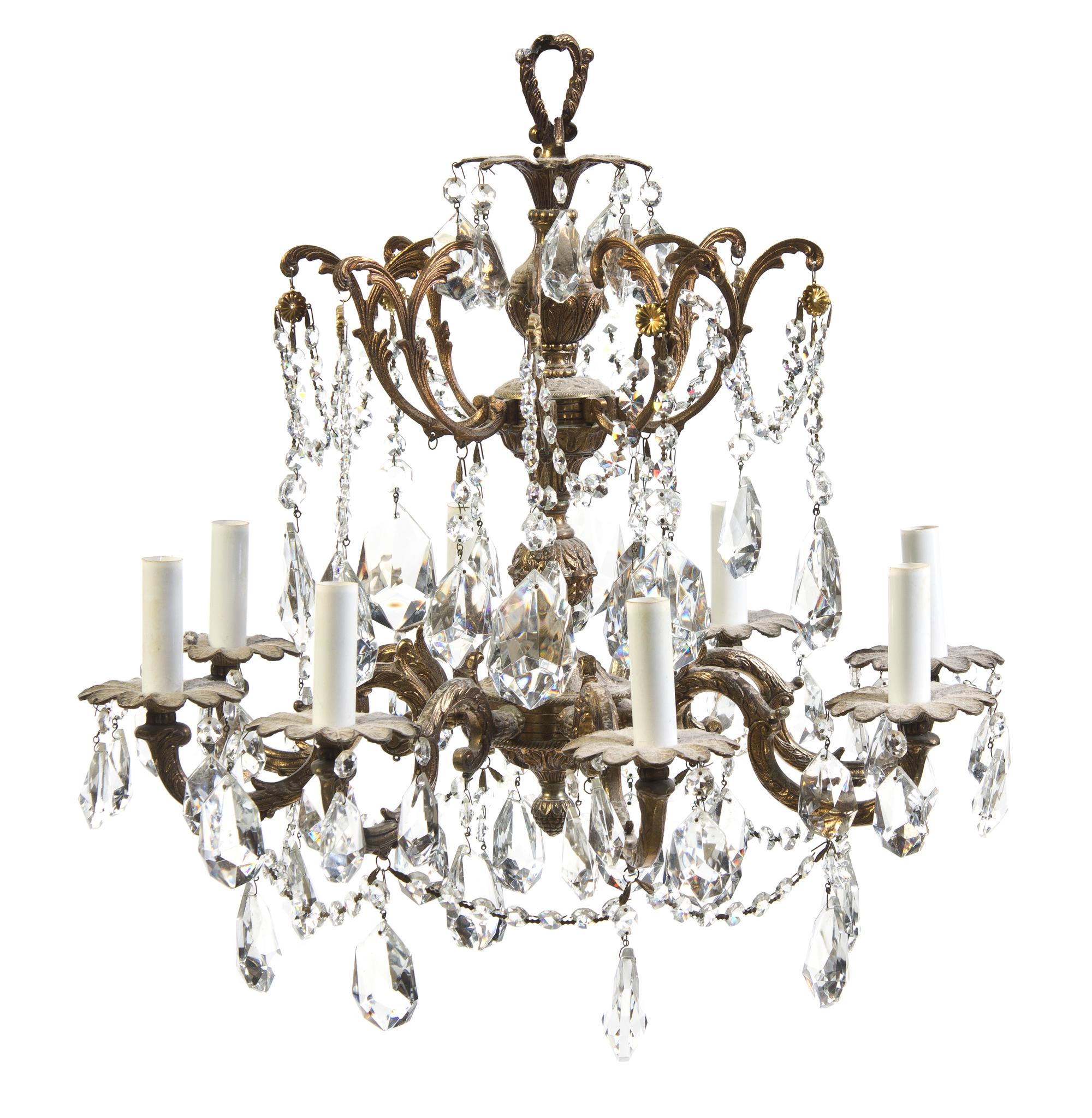 A Neoclassical Gilt Metal Eight-Light Chandelier, Height 20 inches.