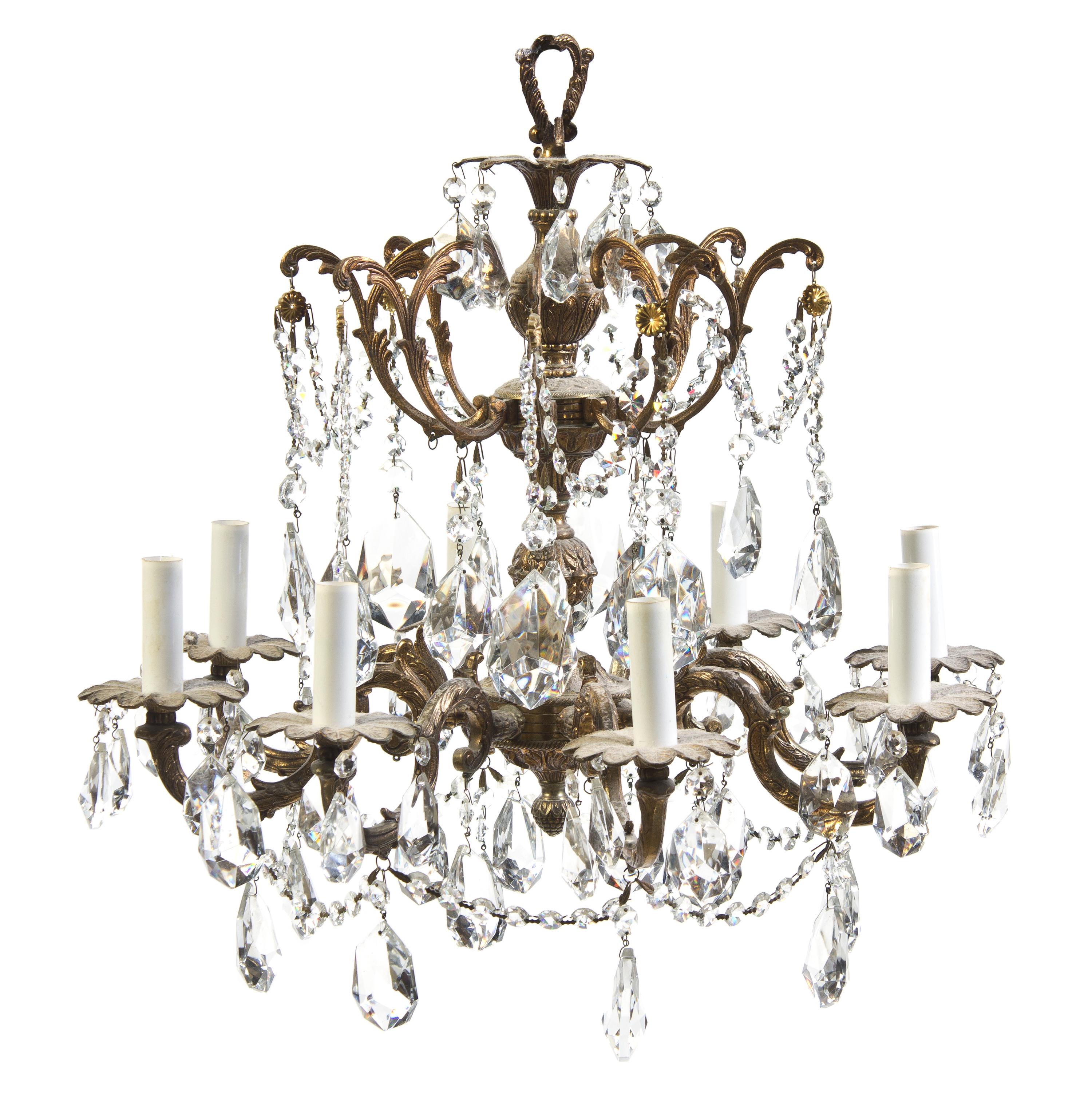 A Neoclassical Gilt Metal Eight-Light Chandelier, Height 20 inches.