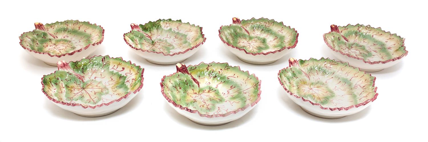 Six Portuguese Glazed Ceramic Leaf-form Bowls Length 7 inches. — 20TH CENTURY