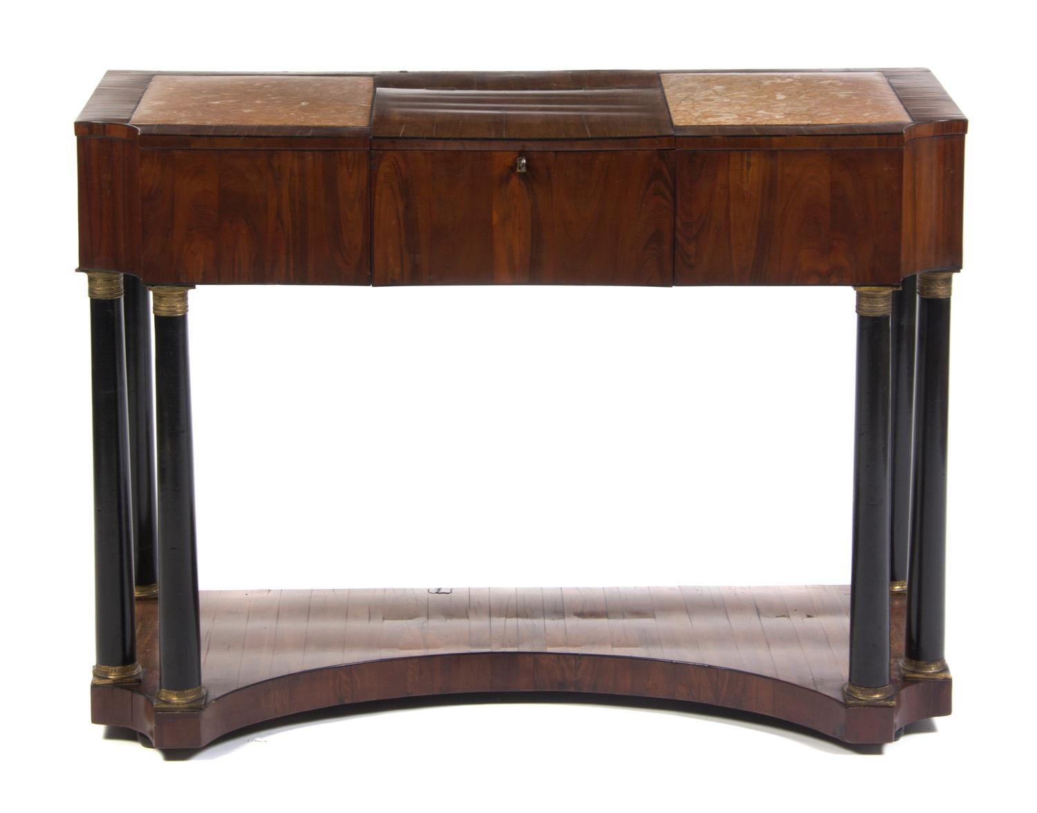 A Continental Walnut Veneered Dressing Table, Height 31 1/2 x width 43 1/4 x depth 20 inches.