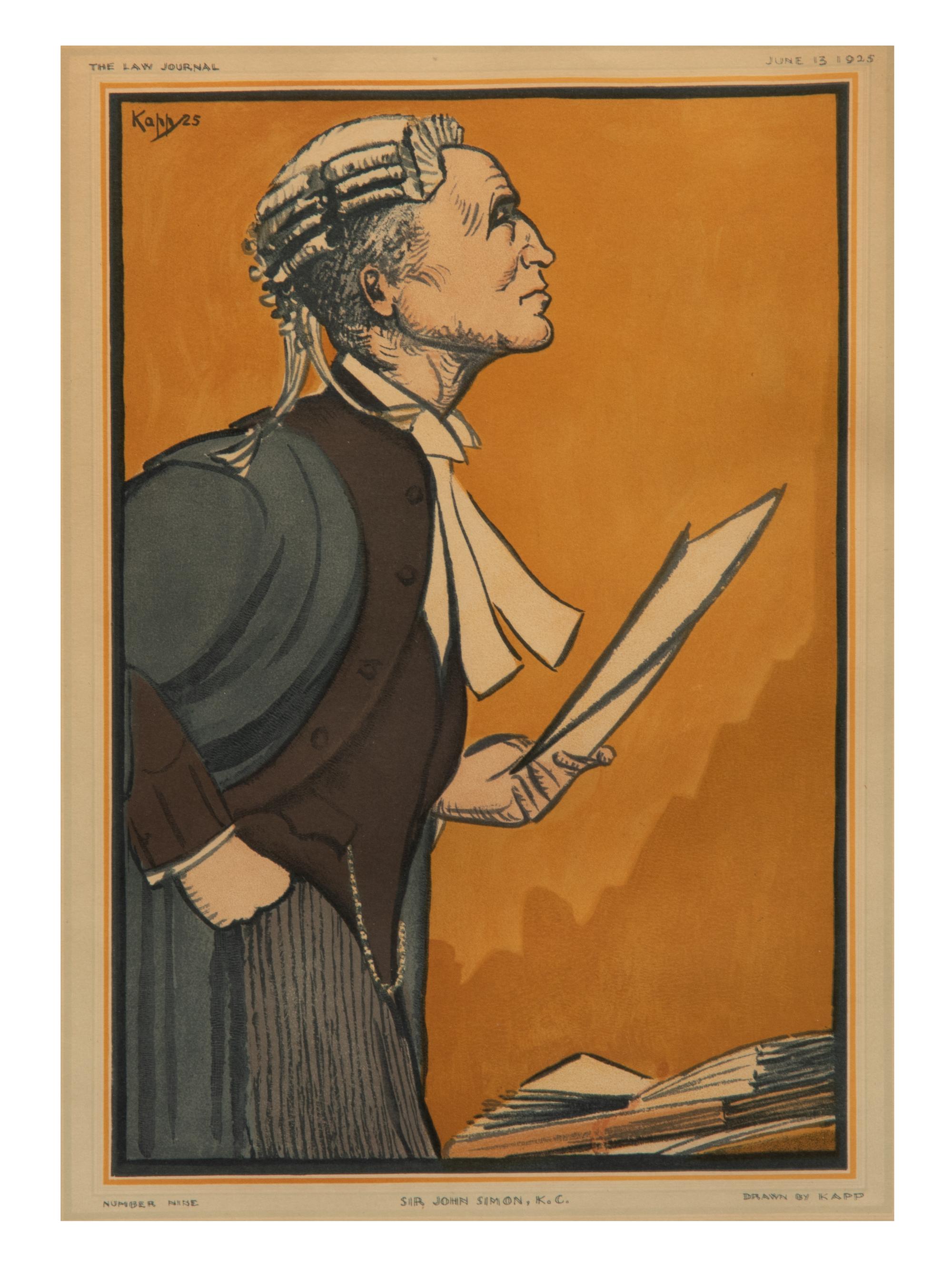 A Set of Ten Lithograph Caricatures of British Lawyers and Politicians by Edmond Xavier Kapp (British, 1890-1978) for The Law Journal