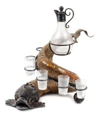 A Victorian Silver-Plate Mounted Ram's Horn Decanter Set Height overall 13 1/4 inches. — LATE 19TH CENTURY